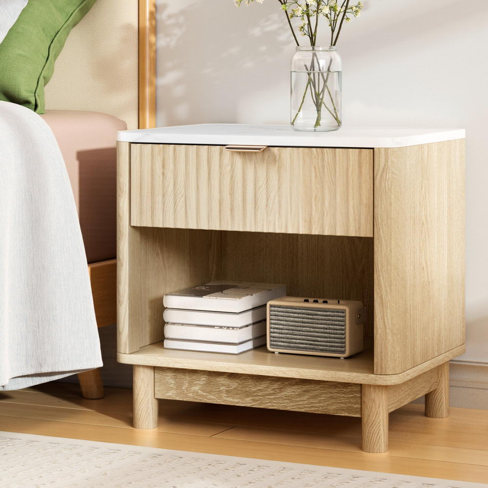 Artiss Bedside Table Nightstand 1 Drawer Shelves Pine
