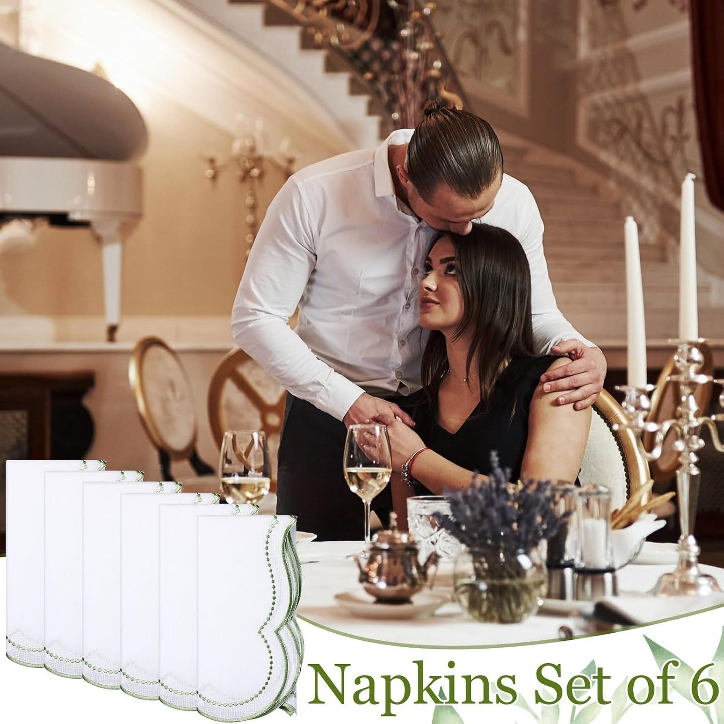 6 Set Cloth Napkins Scalloped Embroidery Cloth Napkins Washable Polyester Table Dinner for Hotel Restaurant Weddings Events Parties (Bean green border)