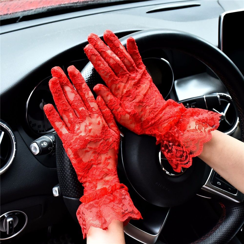 2 pairs Ladies Lace Gloves for Women Tea Party Elegant Short Courtesy Gloves for Wedding Dinner Opera Parties(red,Only gloves)