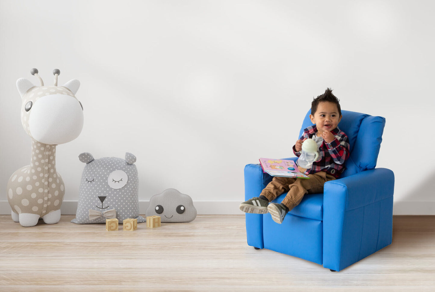 Kids Light Blue Recliner Chair w/ Footrest & Cup Holder