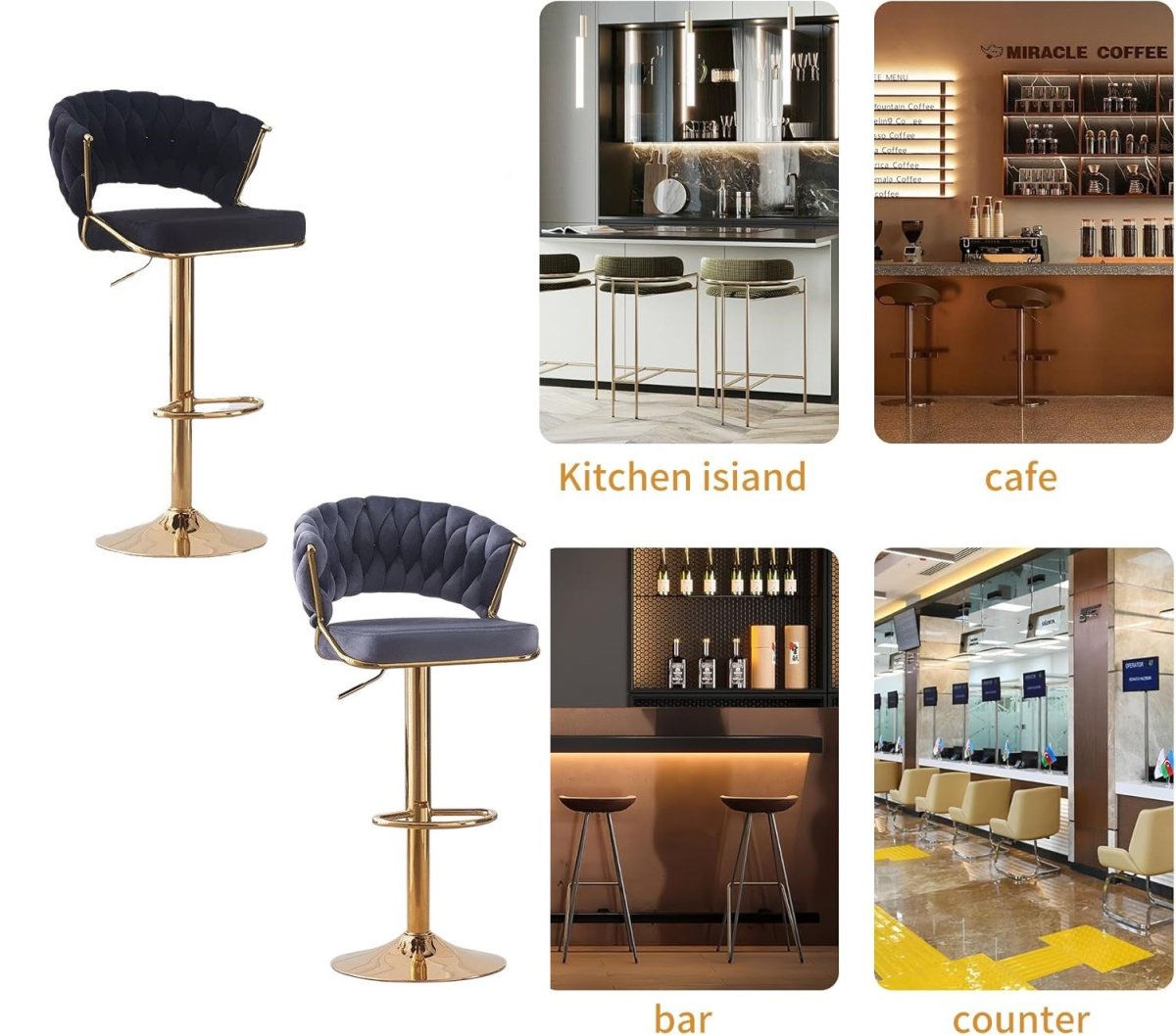 2x Height Blue Velvet Padded Golden Round Base Barstools Chairs
