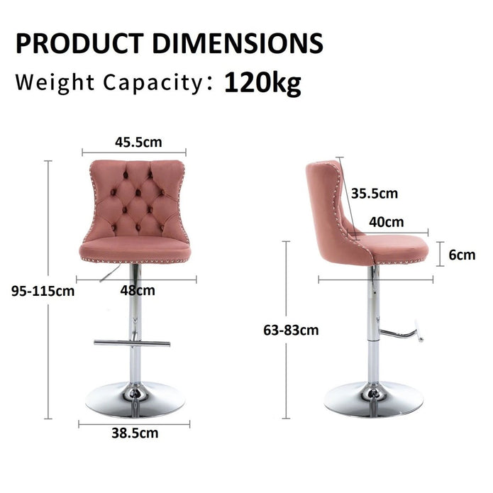 SERENITà Pink Velvet Bar Stools Adjustable Swivel Counter Height Chairs with Tufted Back and Nailhead Trim for Kitchen Island Pub Restaurant (2Pcs, Chrome Metal)