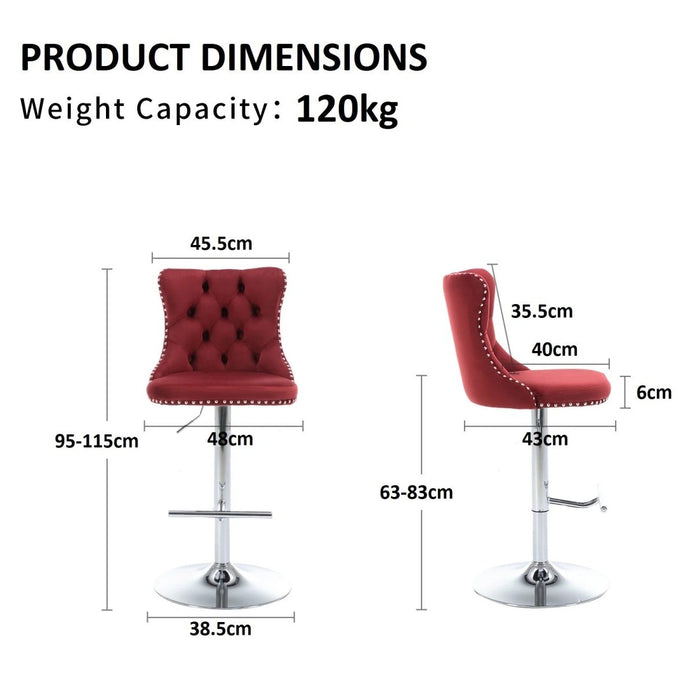 SERENITà Red Velvet Bar Stools Adjustable Swivel Counter Height Chairs with Tufted Back and Nailhead Trim for Kitchen Island Pub Restaurant (2Pcs, Chrome Metal)