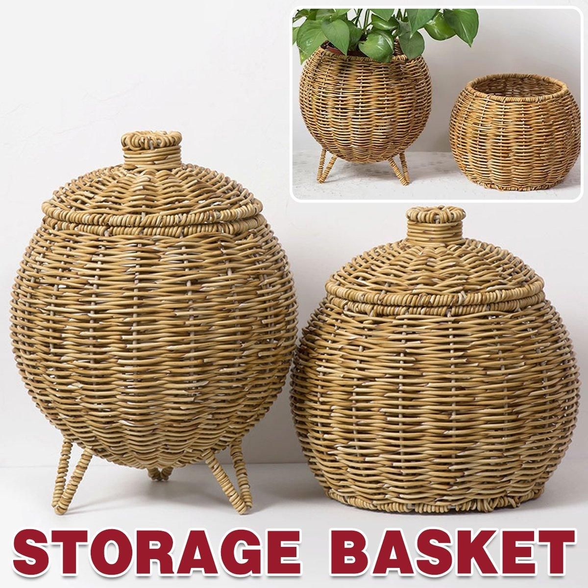 Hand Woven Storage Container with Lid Tabletop Basket Sundries Holder Organizer - Without Legs