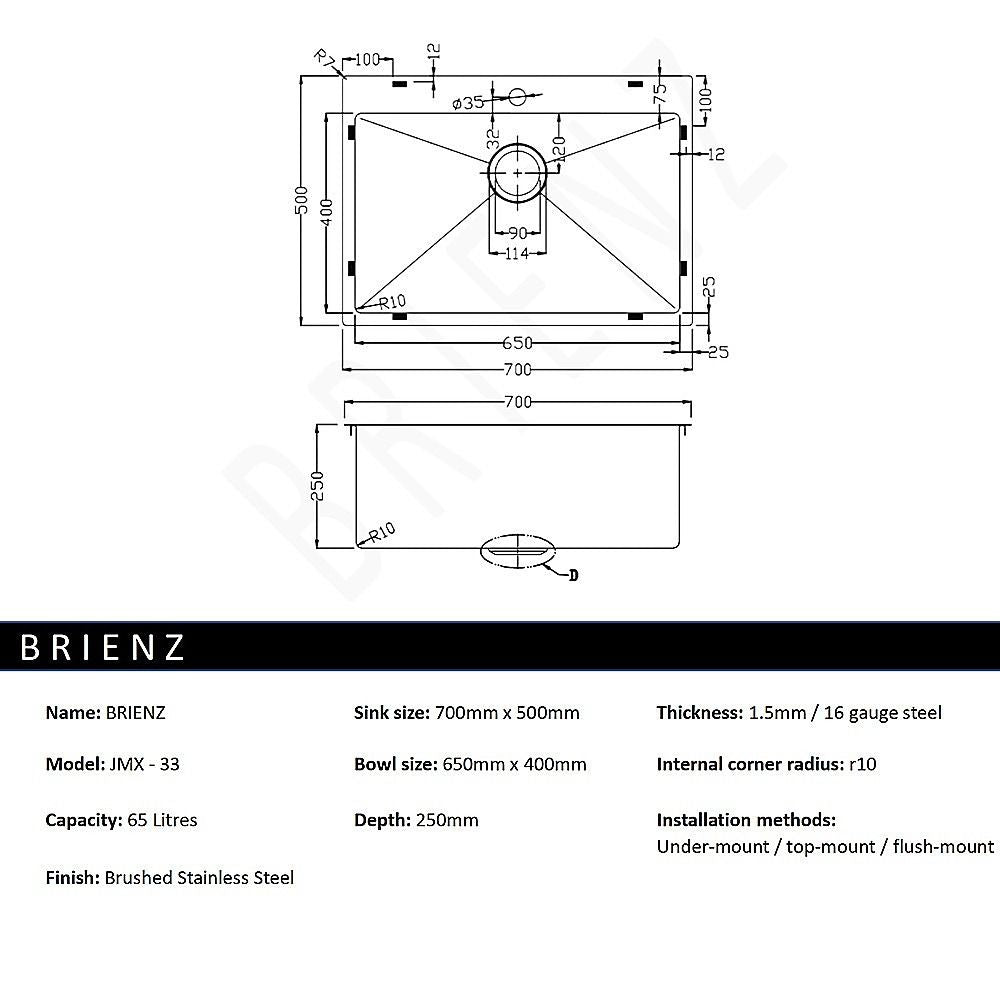 700x500mm Handmade Stainless Steel Undermount / Topmount Kitchen Laundry Sink with Waste