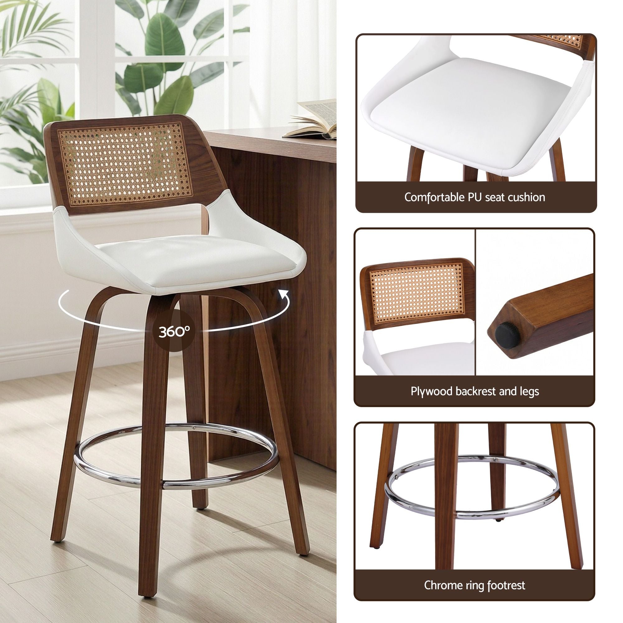 Artiss Wooden Bar Stools Set of 3 Swivel Kitchen Counter Stool Chair 60cm Seat Height