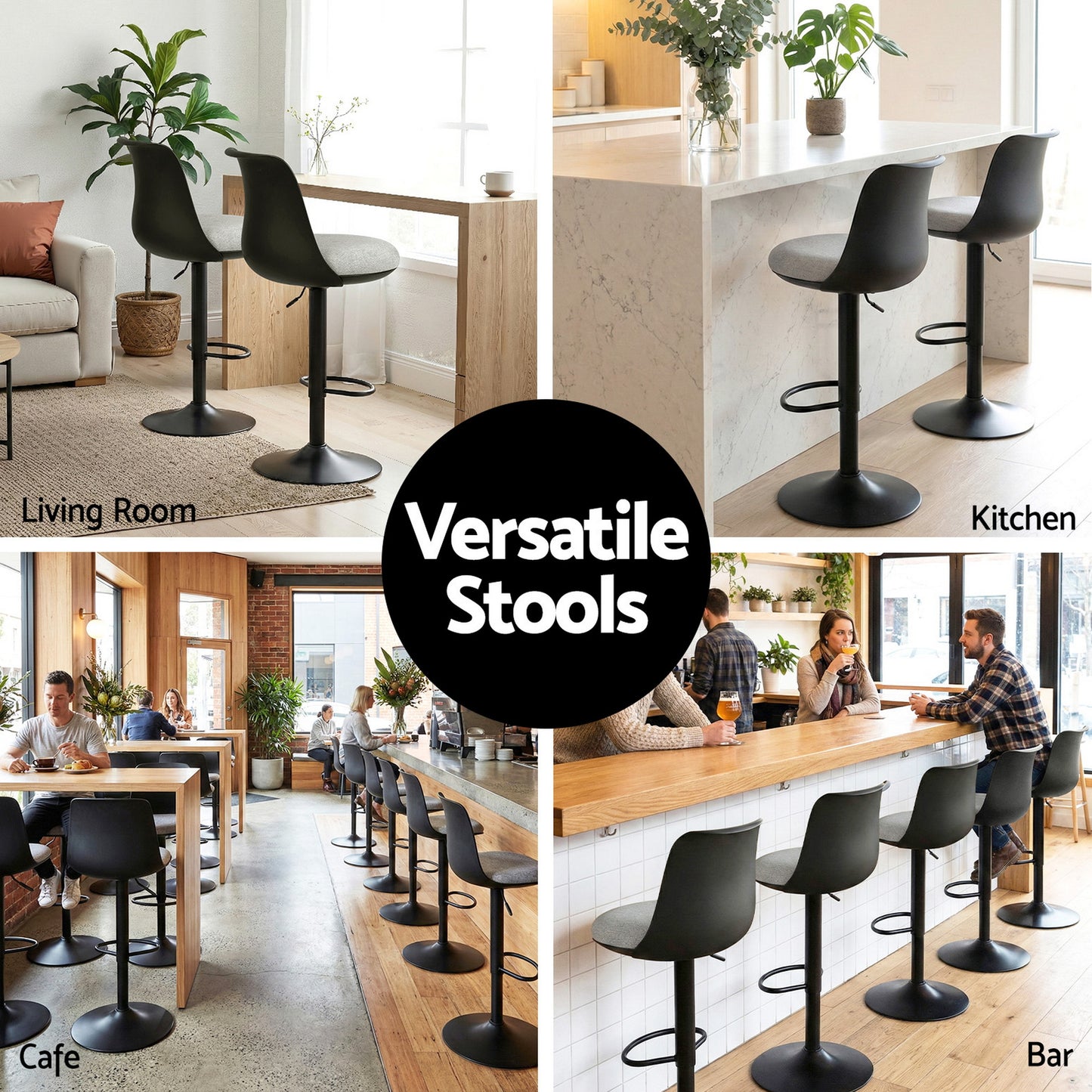 Artiss 2x Bar Stools Kitchen Swivel Gas Lift Counter Dining Chair Curved Black