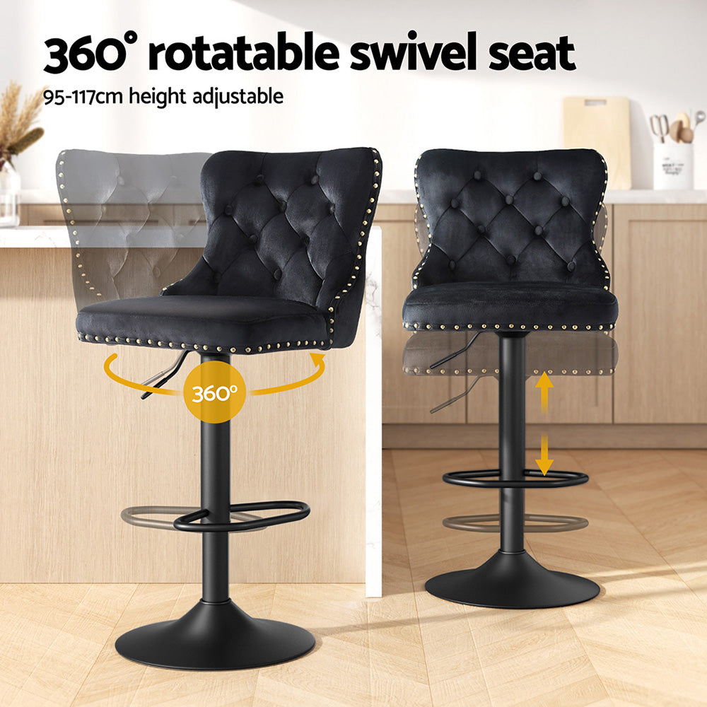 Artiss 2x Velvet Bar Stool Adjustable Height Nailhead Trim Kitchen Counter Stool