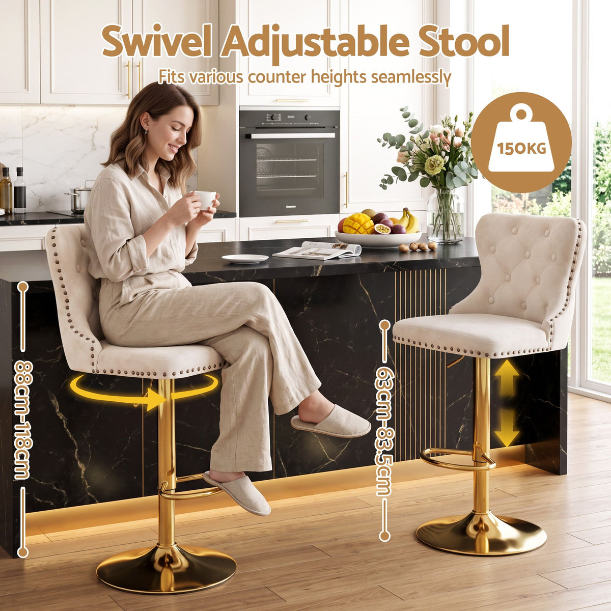 Artiss 4x Bar Stools Counter Chair Kitchen Adjustable Nailhead Trim Velvet Ivory