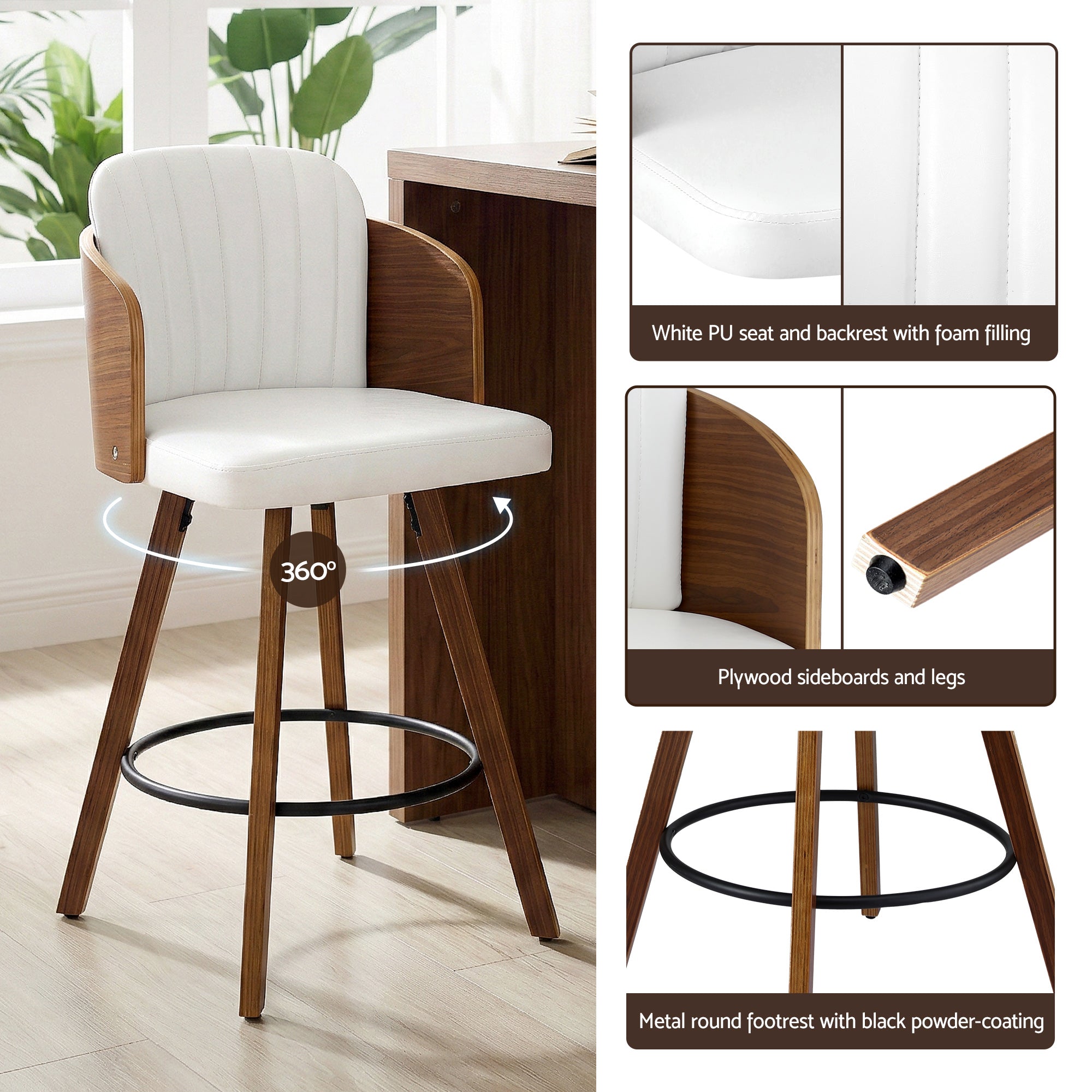 Artiss Wooden Bar Stools Swivel Kitchen Counter Stool Chair 58cm Seat Height