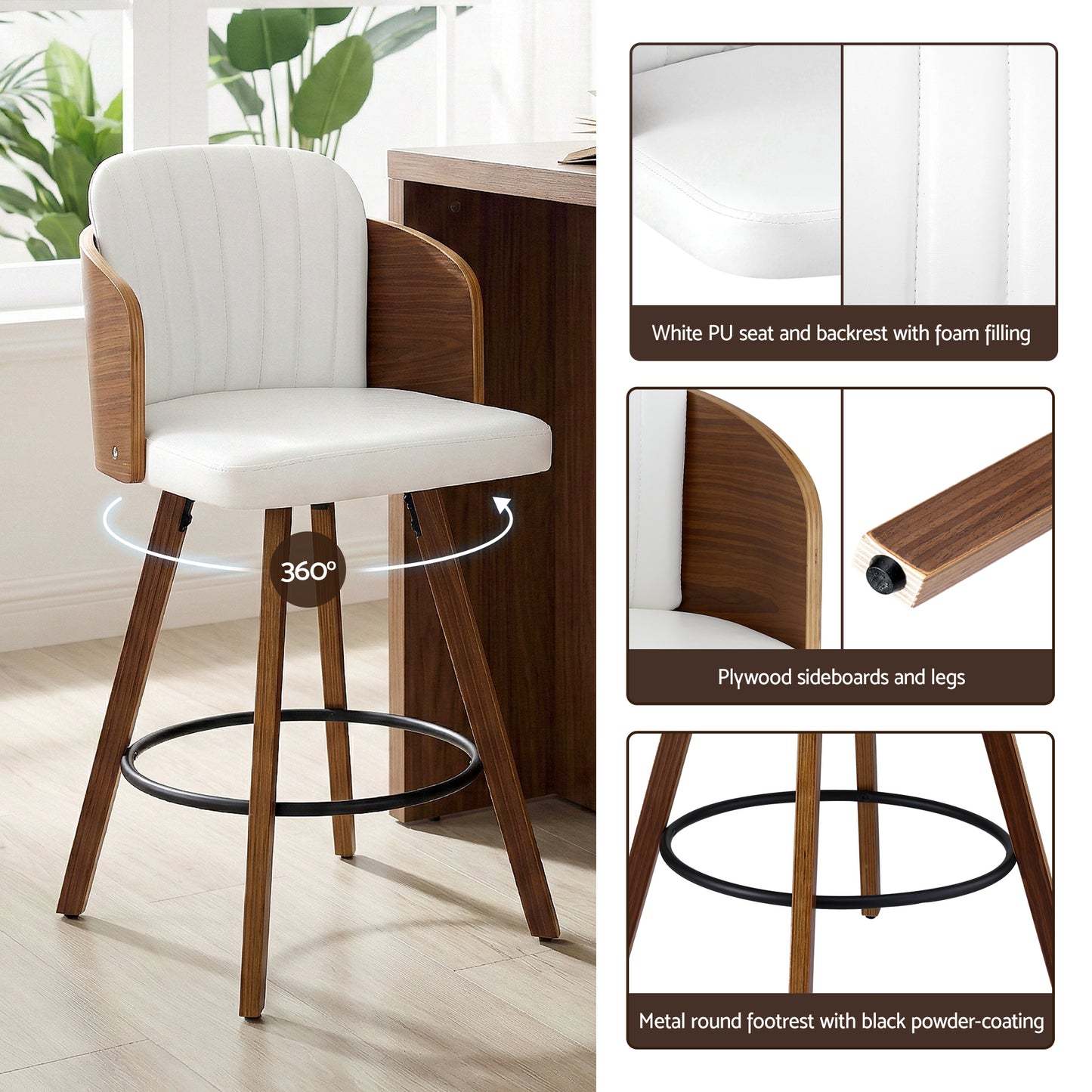Artiss Wooden Bar Stools Swivel Kitchen Counter Stool Chair 58cm Seat Height
