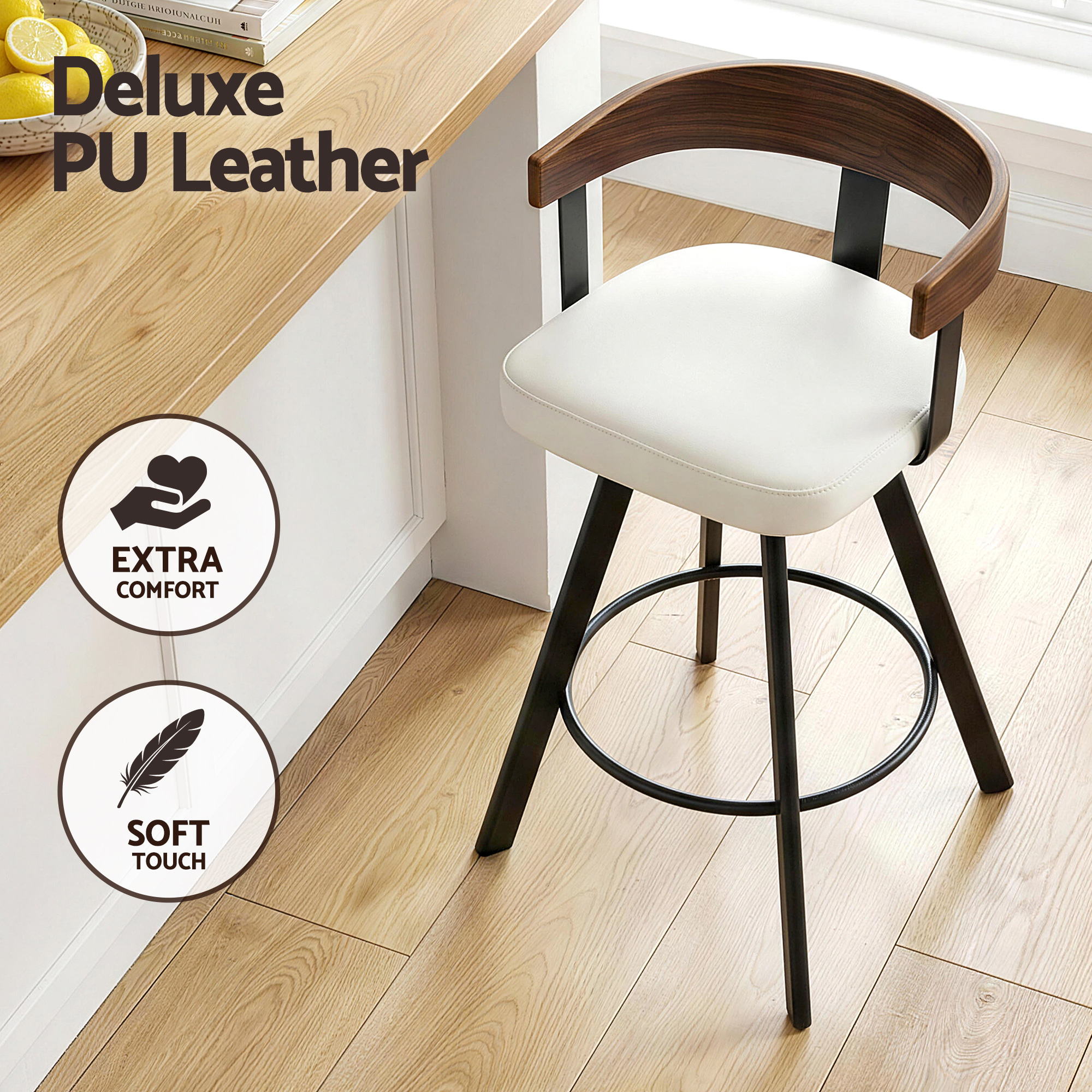 2x Artiss Bar Stools Swivel Kitchen Chairs Metal Legs Bentwood Counter White PU