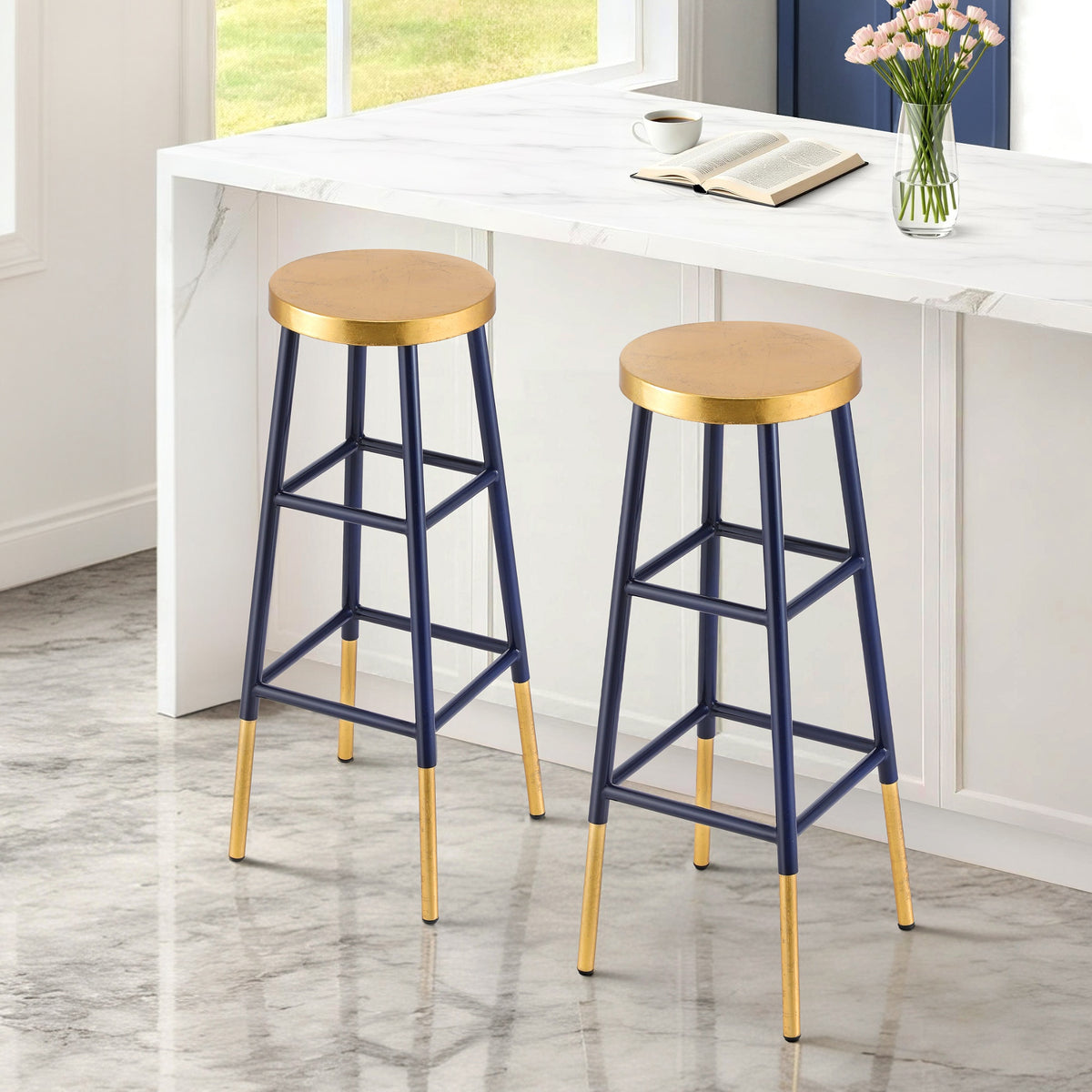 Artiss 2x Bar Stools Metal Gold Navy
