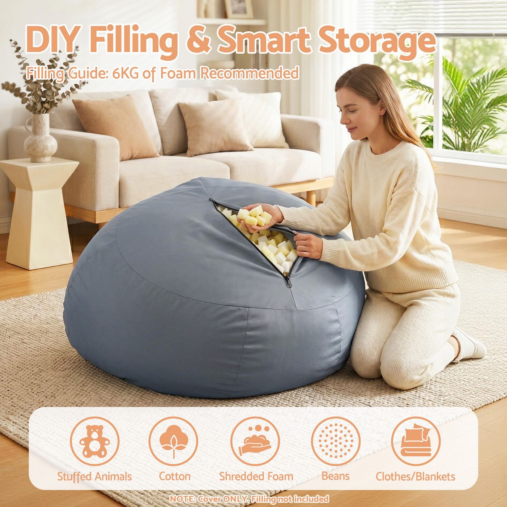 Artiss Outdoor Bean Bag Chair Cover (No Filler) Splash-Proof Beanbag Sofacover for Adults Teens Kids Stuffable Bean Bag Cover for Patio Poolside Relaxing, Grey