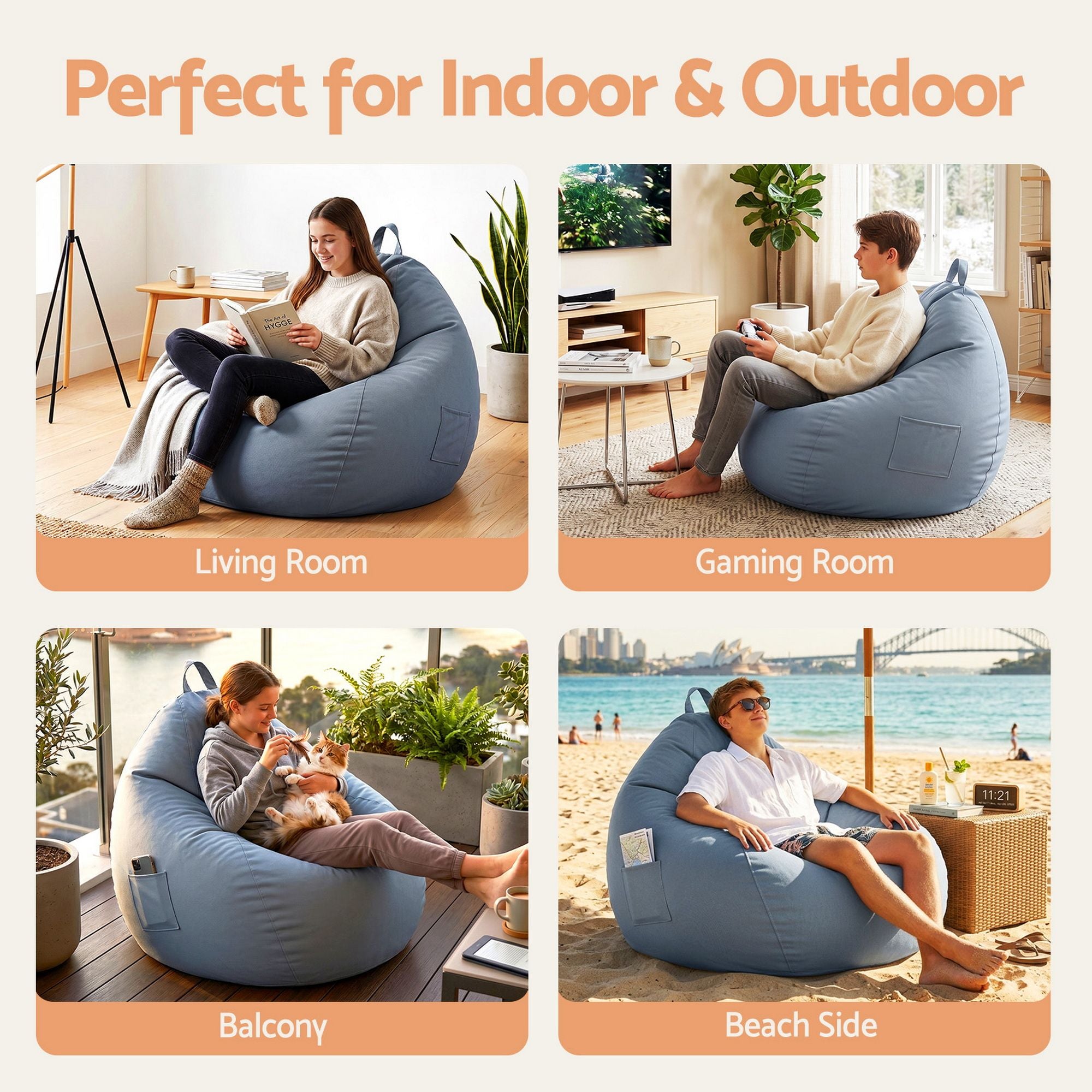 Artiss Outdoor Bean Bag Chair Cover (No Filler) Splash-Proof Beanbag Sofacover for Adults Teens Kids Stuffable Bean Bag Cover for Patio Poolside Relaxing, Grey