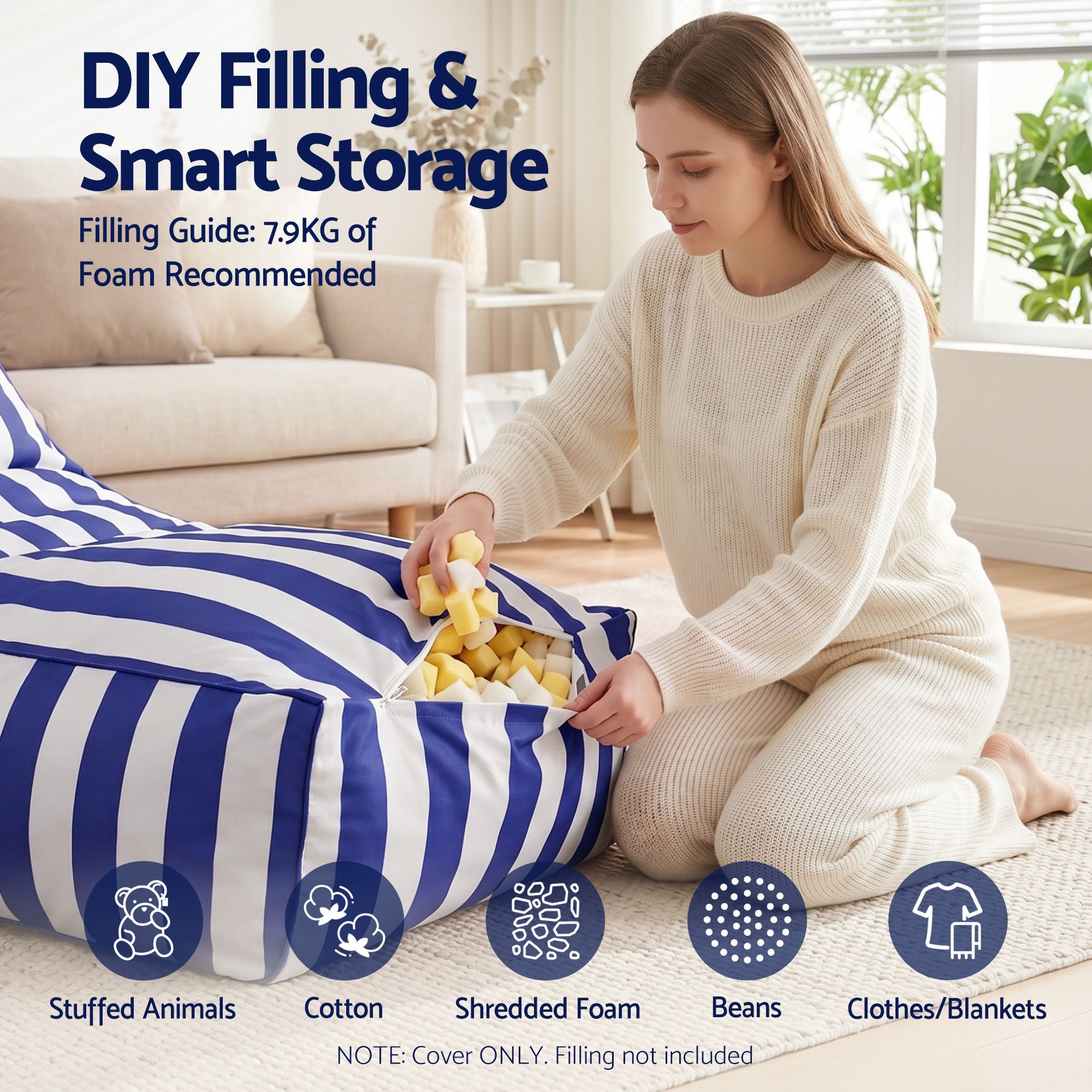 Artiss Outdoor Bean Bag Chair Cover (No Filler) Splash-Proof Beanbag Lounge Sofacover Stuffed Animal Storage Bean Bag Cover for Patio Poolside Relaxing, Blue