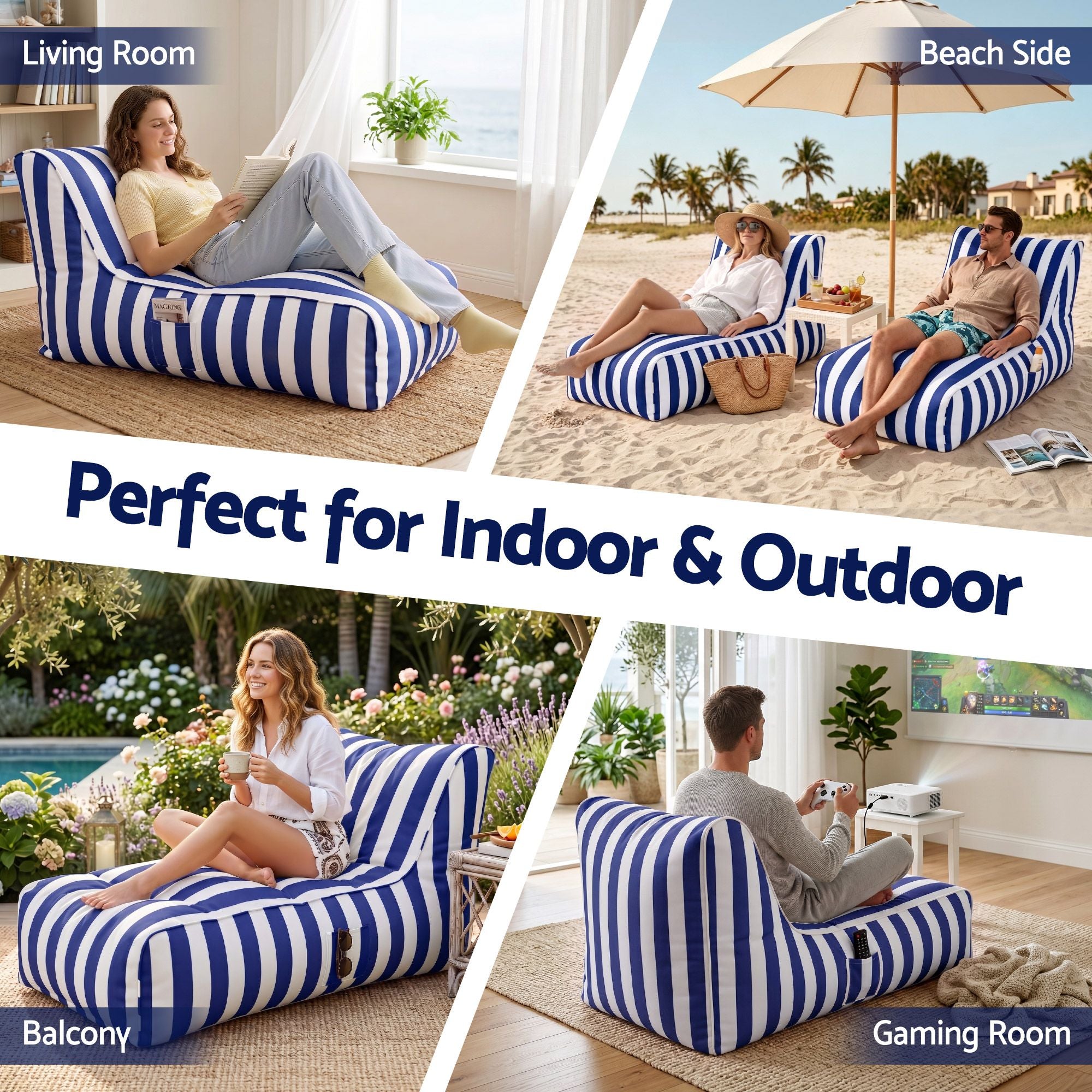 Artiss Outdoor Bean Bag Chair Cover (No Filler) Splash-Proof Beanbag Lounge Sofacover Stuffed Animal Storage Bean Bag Cover for Patio Poolside Relaxing, Blue