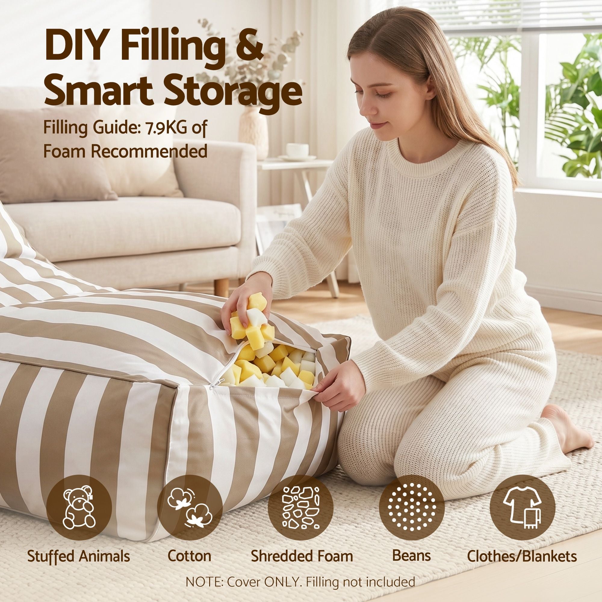 Artiss Outdoor Bean Bag Chair Cover (No Filler) Splash-Proof Beanbag Lounge Sofacover Stuffed Animal Storage Bean Bag Cover for Patio Poolside Relaxing, Taupe