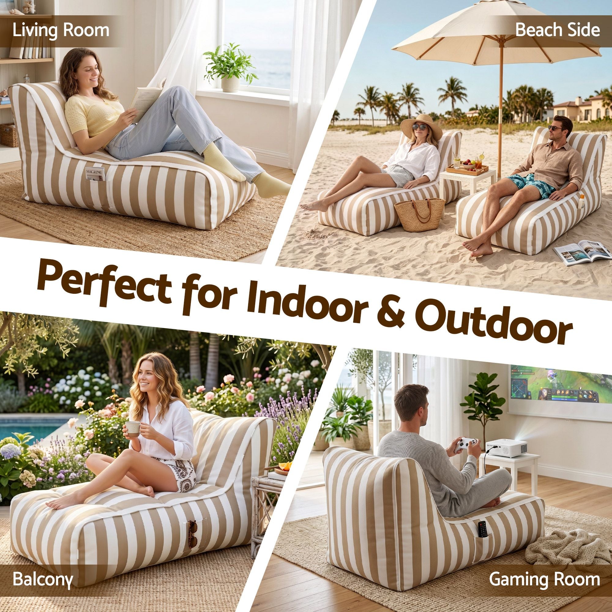 Artiss Outdoor Bean Bag Chair Cover (No Filler) Splash-Proof Beanbag Lounge Sofacover Stuffed Animal Storage Bean Bag Cover for Patio Poolside Relaxing, Taupe