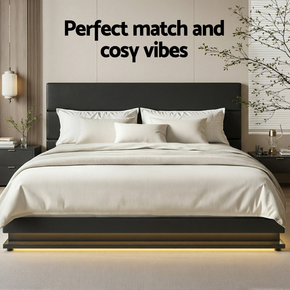 Artiss Bed Frame King Size LED Gas Lift Black LUMI