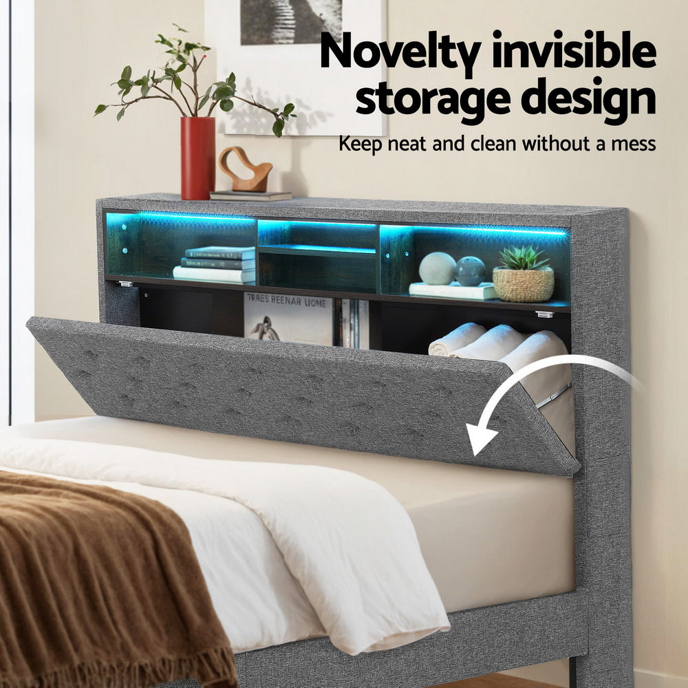 Artiss Bed Frame Queen Size LED Mattress Base Platform with Storage Shelf Hidden Storage Box Grey