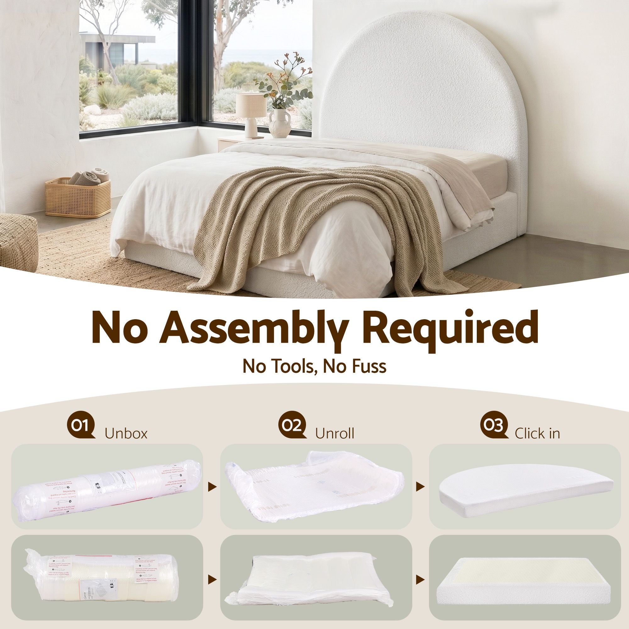 Artiss Queen Bed Frame Boucle Fabric Vacuum Compressed Beds Removable Washable Cover No-Assembly