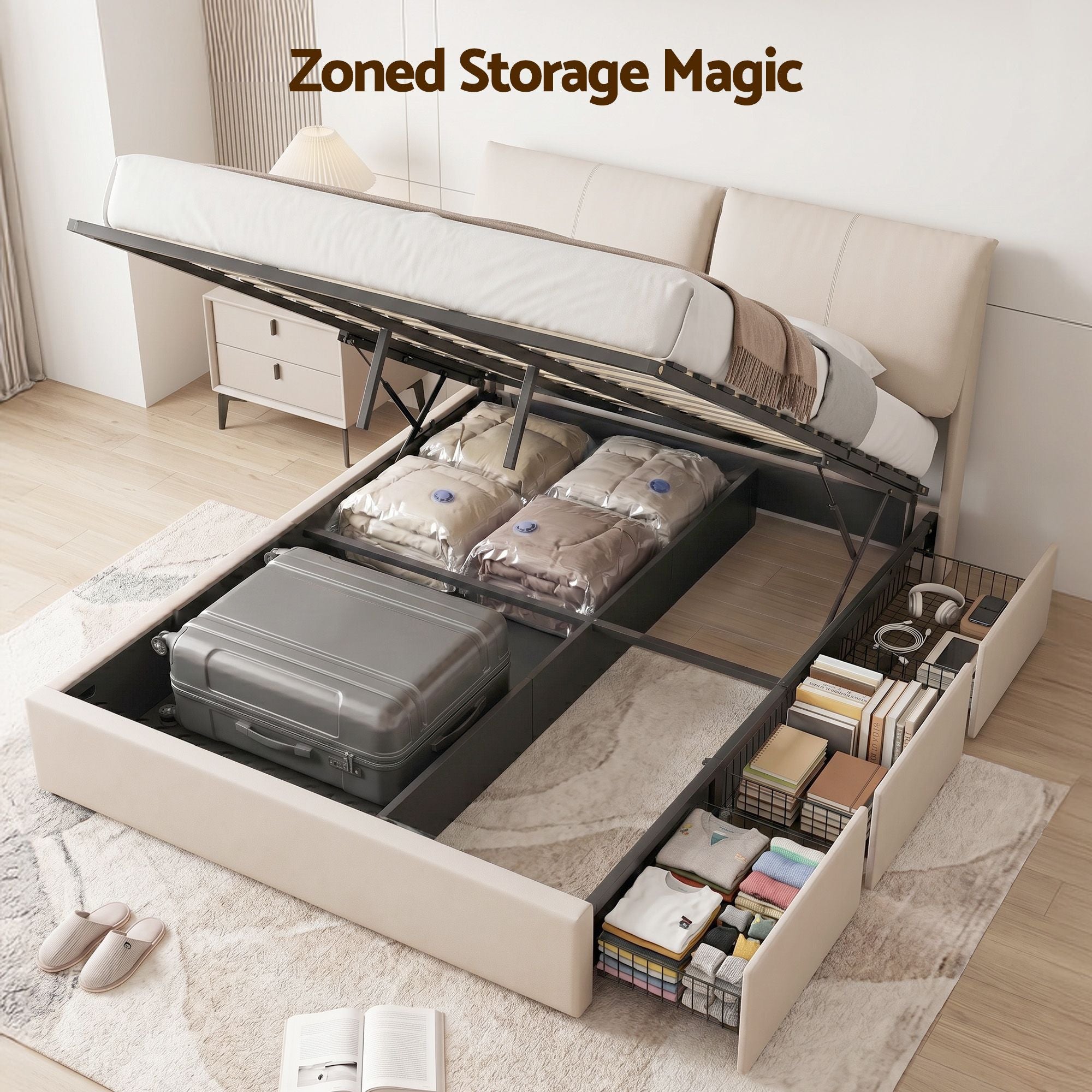 Artiss Queen Bed Frame Gas Lift Storage 3 Drawers Adjustable Headboard Platform Base