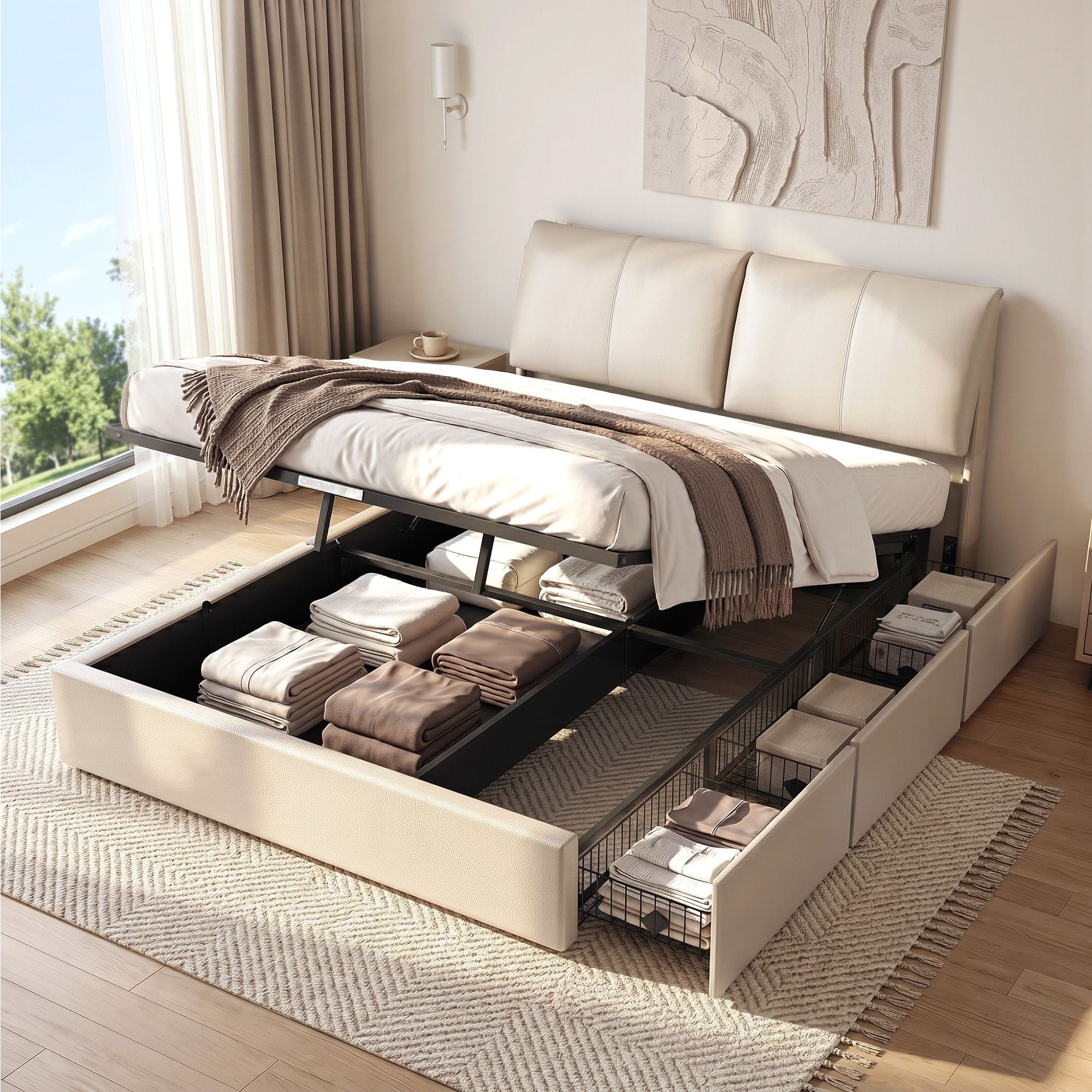 Artiss Queen Bed Frame Gas Lift Storage 3 Drawers Adjustable Headboard Platform Base