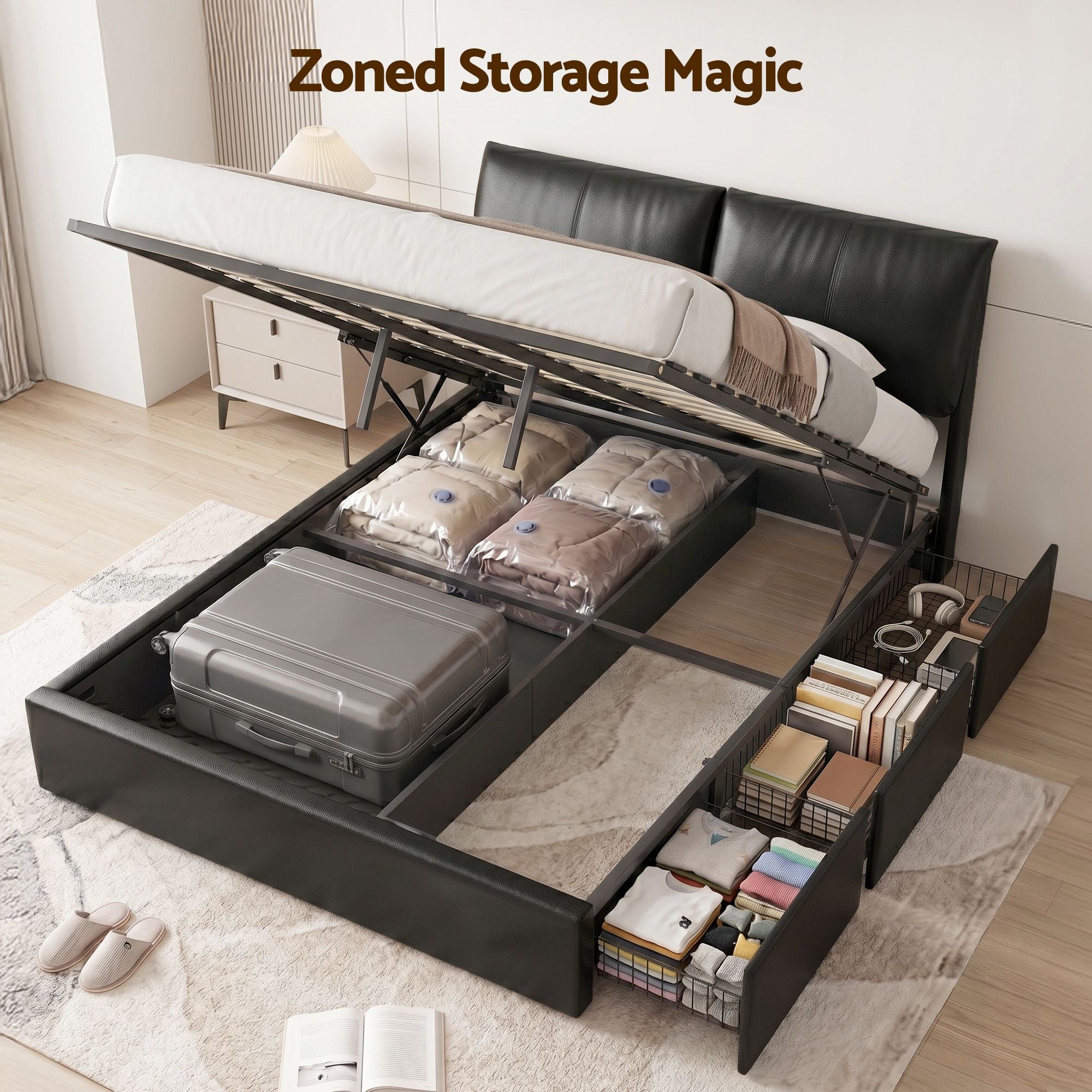 Artiss Queen Bed Frame Gas Lift Storage 3 Drawers Adjustable Headboard Platform Bed Black