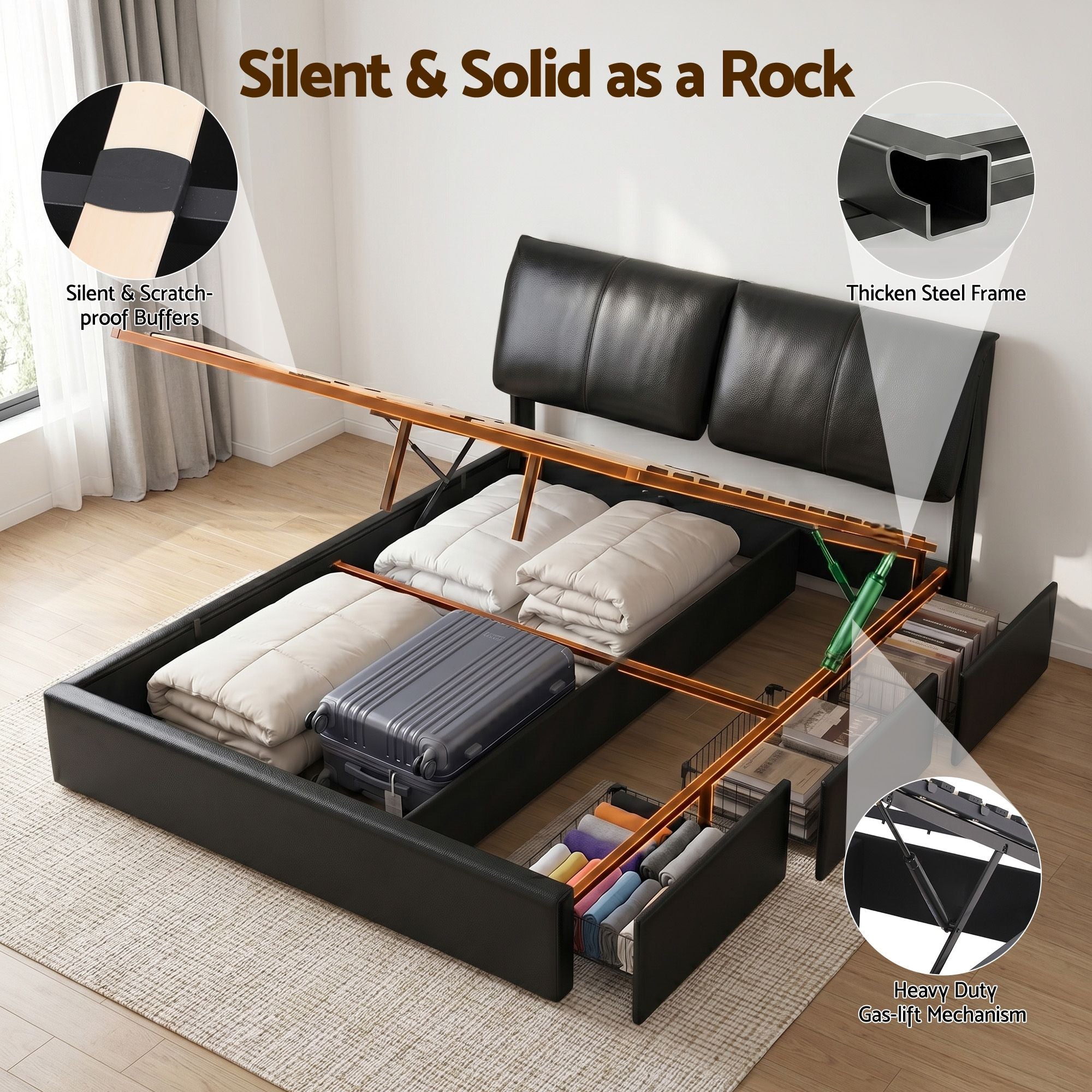 Artiss Queen Bed Frame Gas Lift Storage 3 Drawers Adjustable Headboard Platform Bed Black