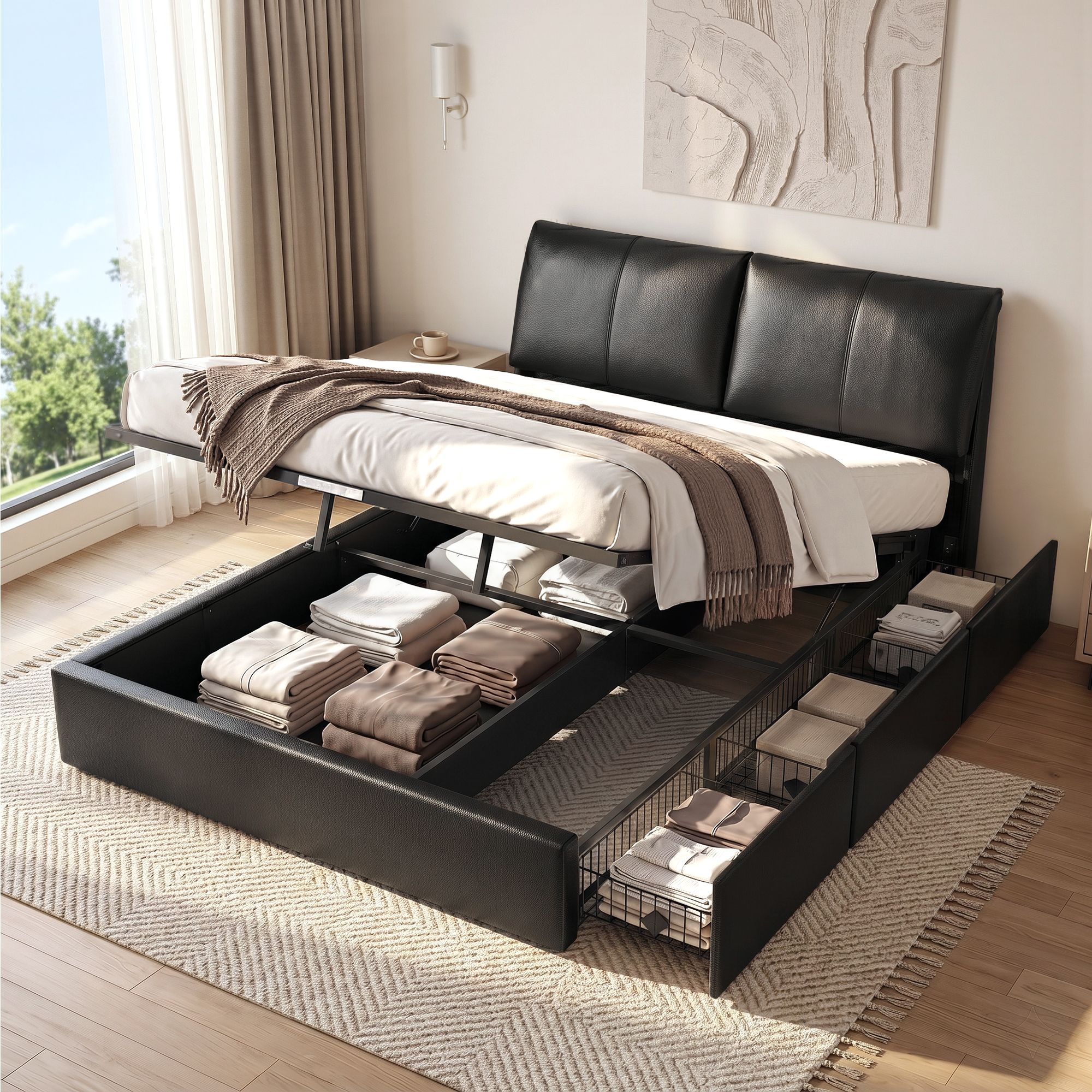Artiss Queen Bed Frame Gas Lift Storage 3 Drawers Adjustable Headboard Platform Bed Black
