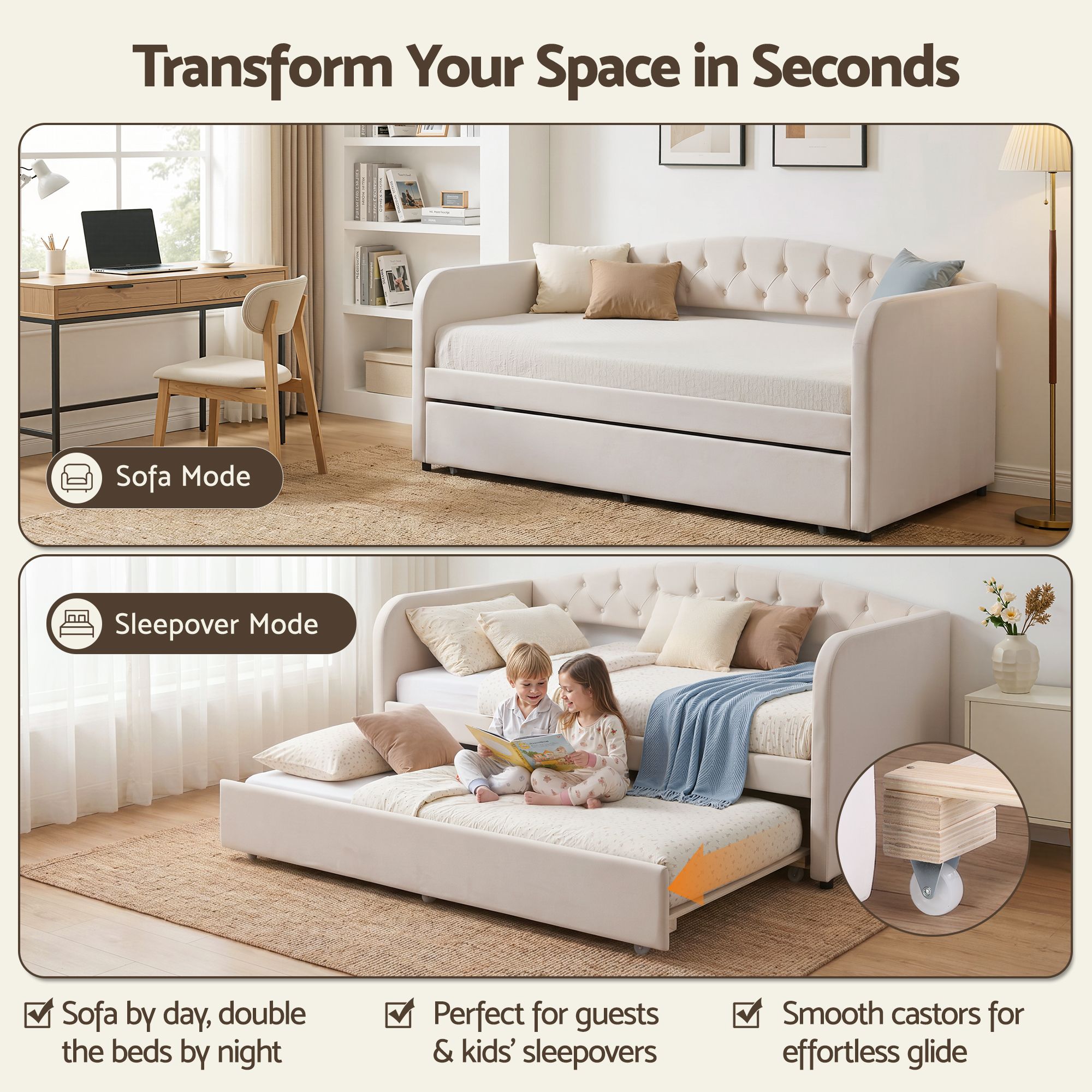 Artiss Single Daybed Velvet Trundle Bed Frame Tufted Guest Bed
