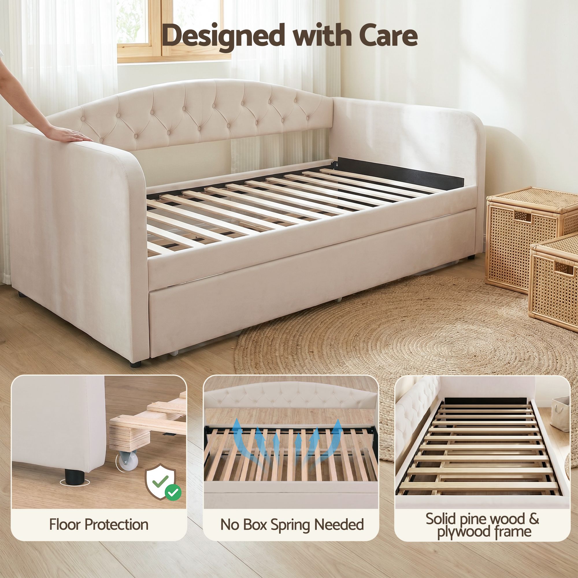 Artiss Single Daybed Velvet Trundle Bed Frame Tufted Guest Bed