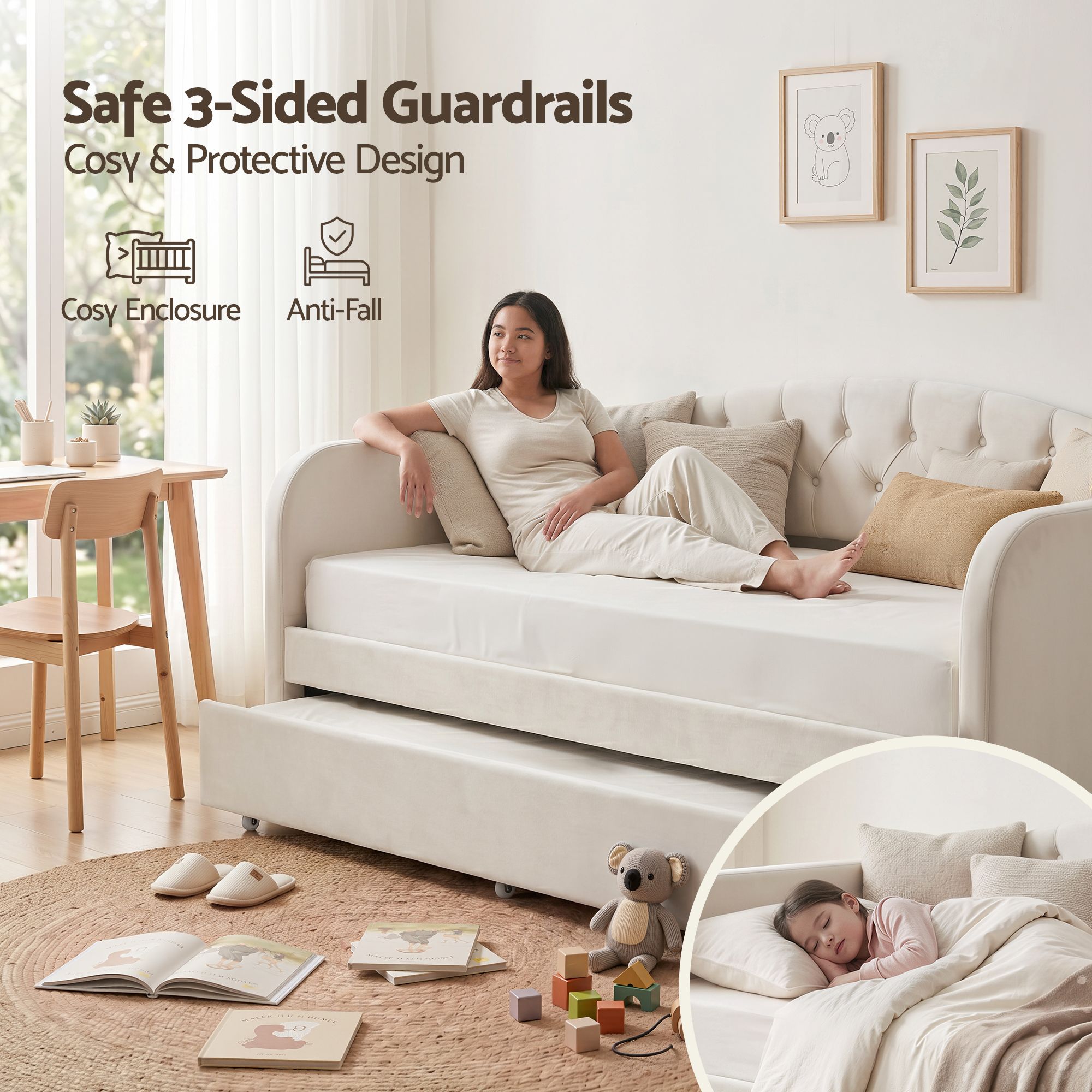 Artiss Single Daybed Velvet Trundle Bed Frame Tufted Guest Bed