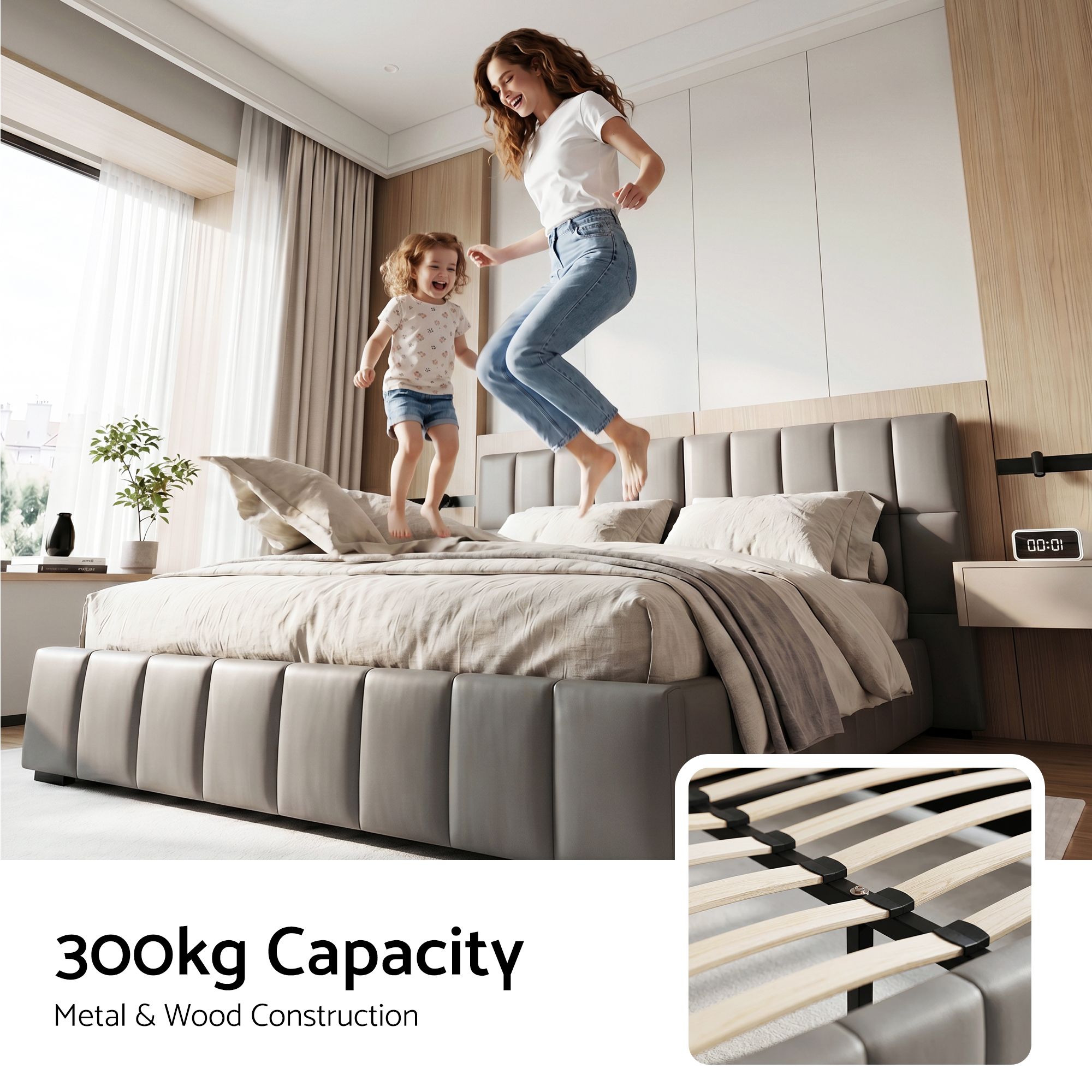Artiss Queen Size Upholstered Gas Lift Bed Frame with Foldable Bench PVC Leather Platform Bed with Storage