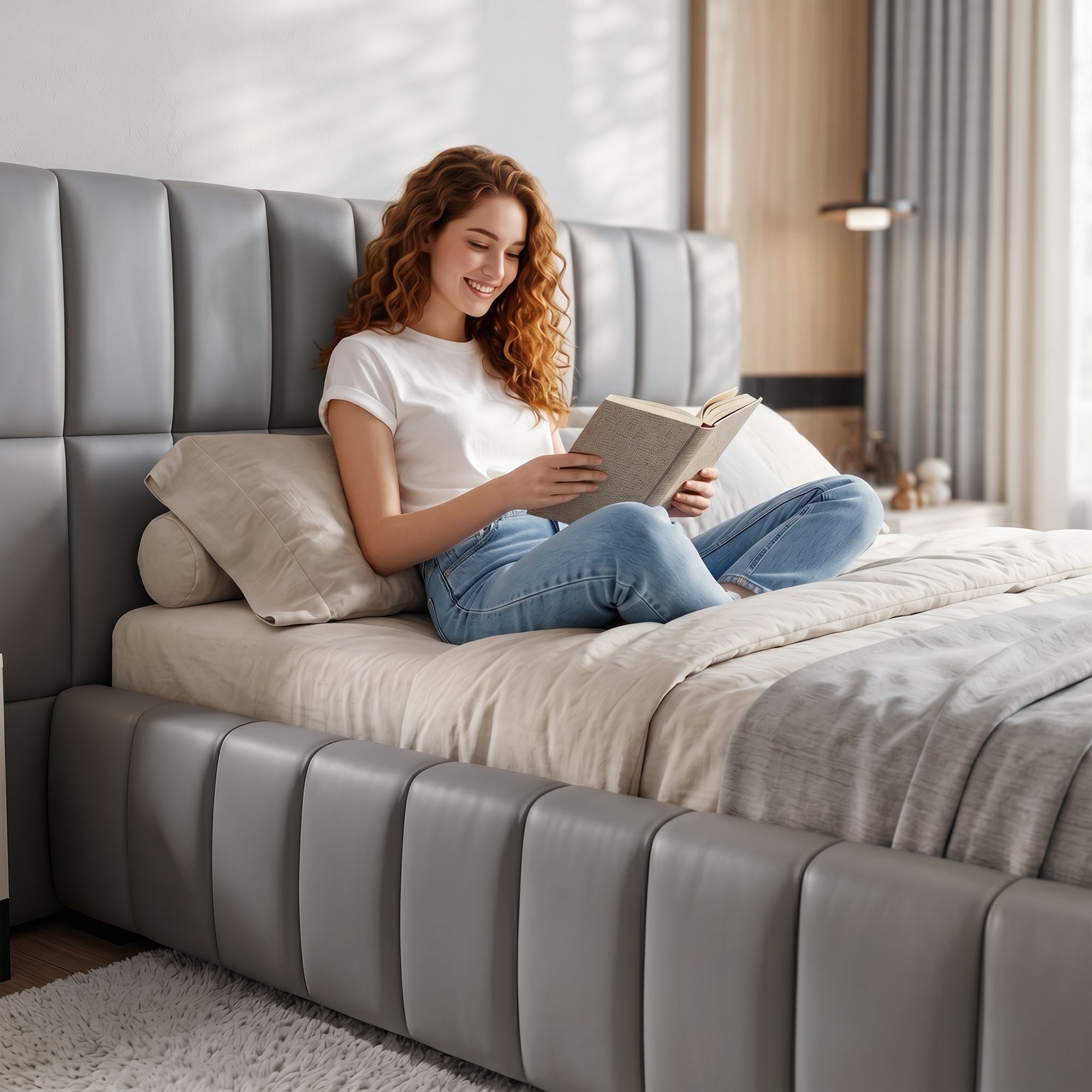 Artiss Queen Size Upholstered Gas Lift Bed Frame with Foldable Bench PVC Leather Platform Bed with Storage
