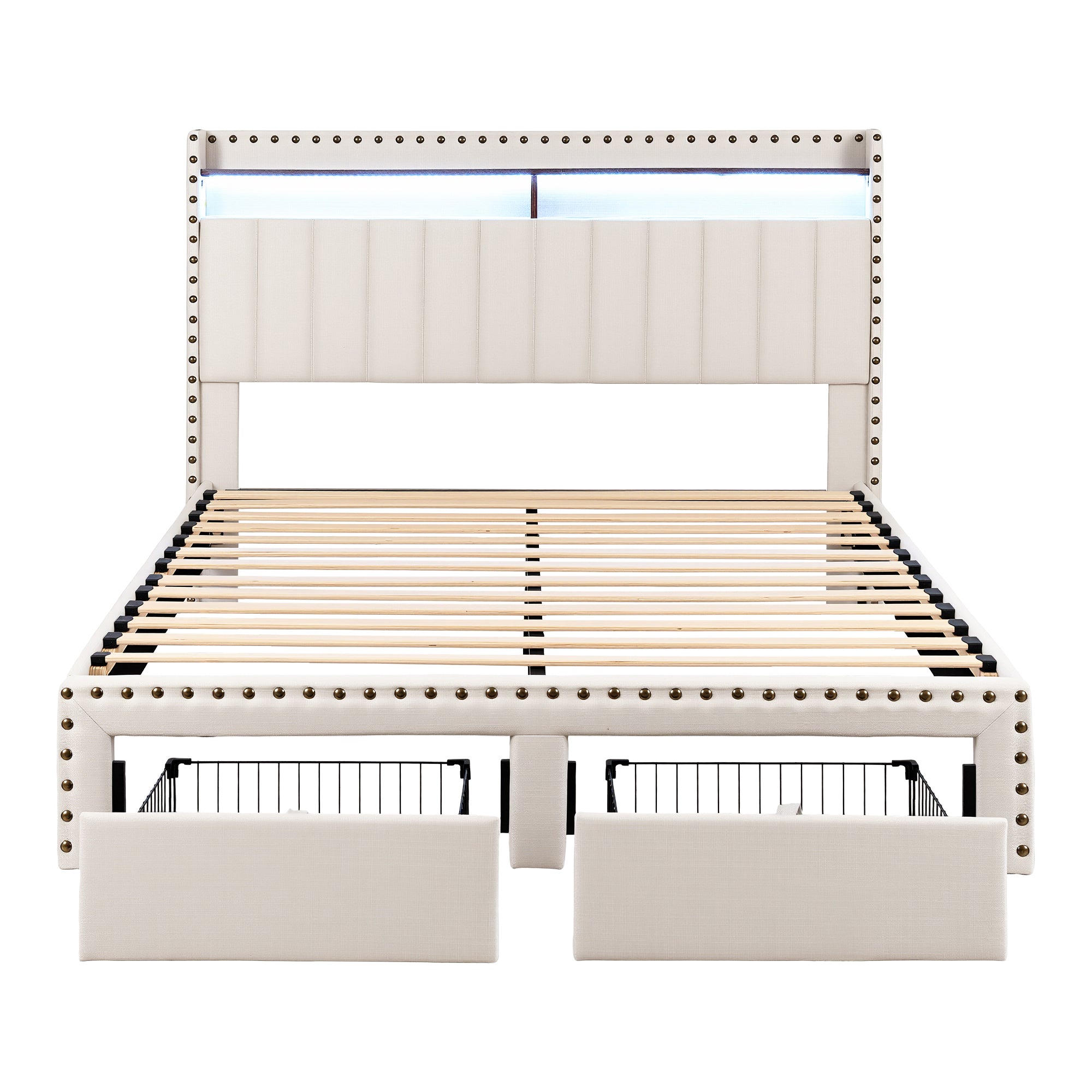 Artiss Queen Upholstered Bed Frame with Shelf Storage Drawers Charging Station Mood Lighting Linen