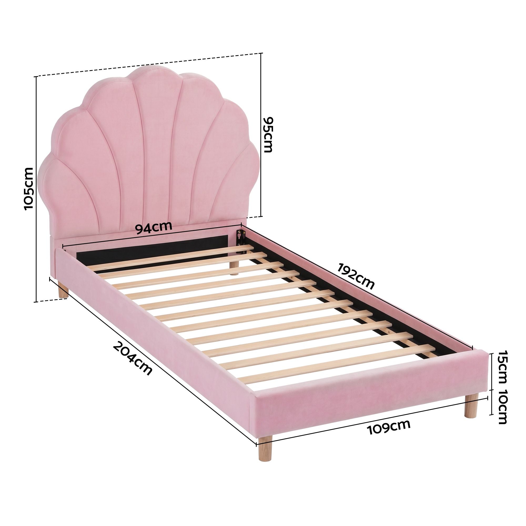 Artiss Single Bed Frame Scallop Upholstered Headboard Pink Velvet Platform Base Support up to 180kg