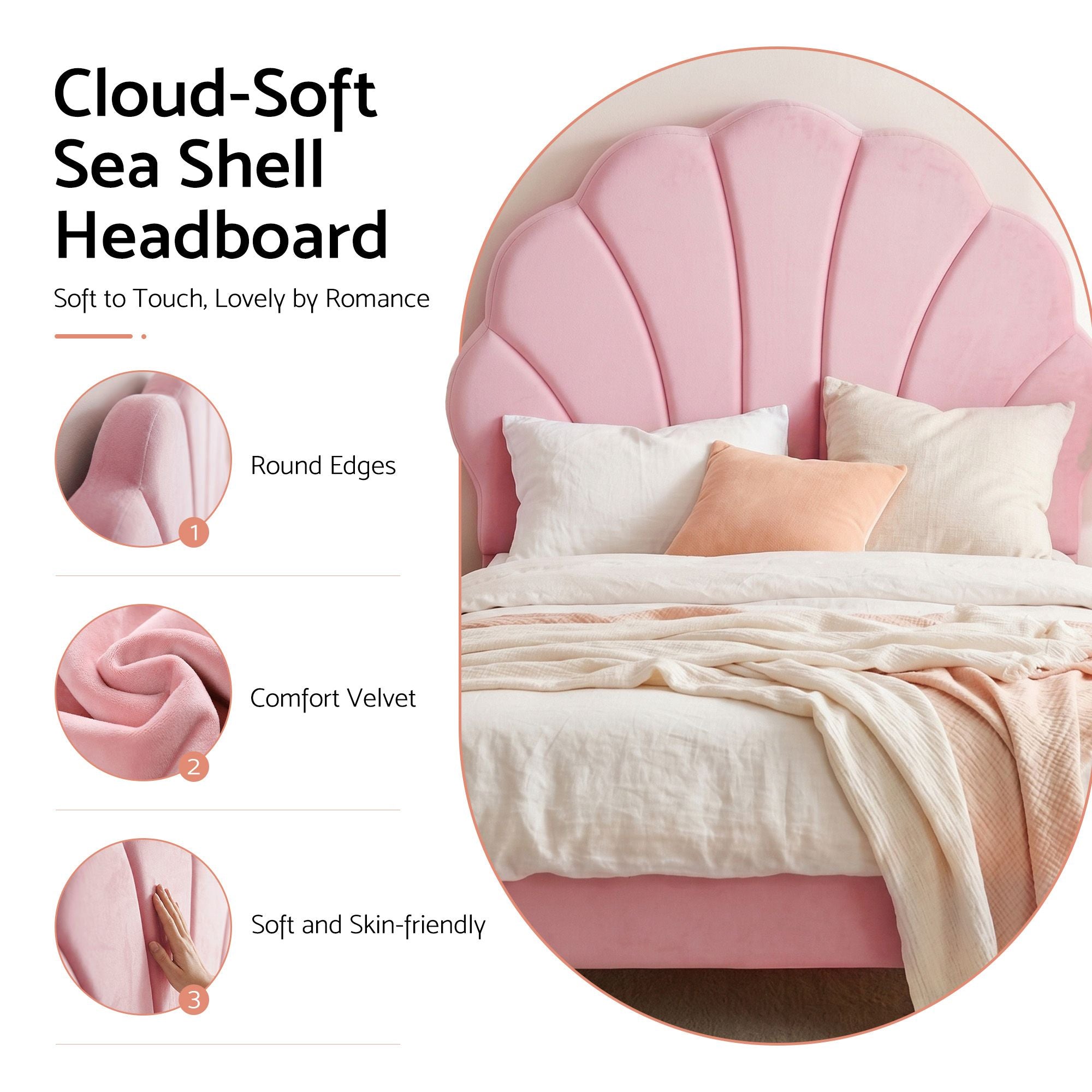 Artiss Single Bed Frame Scallop Upholstered Headboard Pink Velvet Platform Base Support up to 180kg