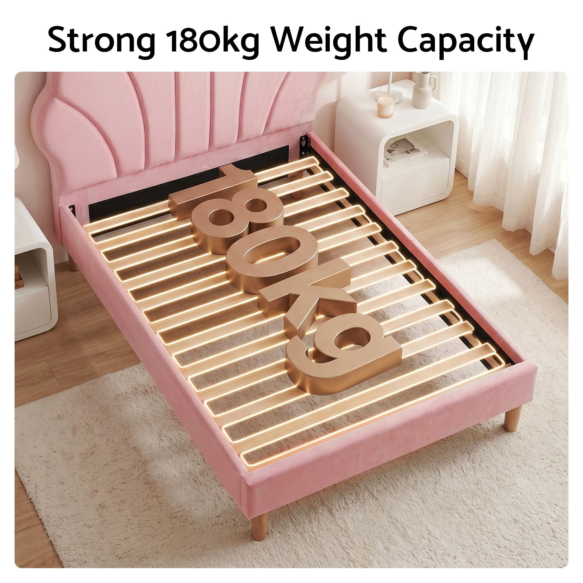 Artiss Single Bed Frame Scallop Upholstered Headboard Pink Velvet Platform Base Support up to 180kg