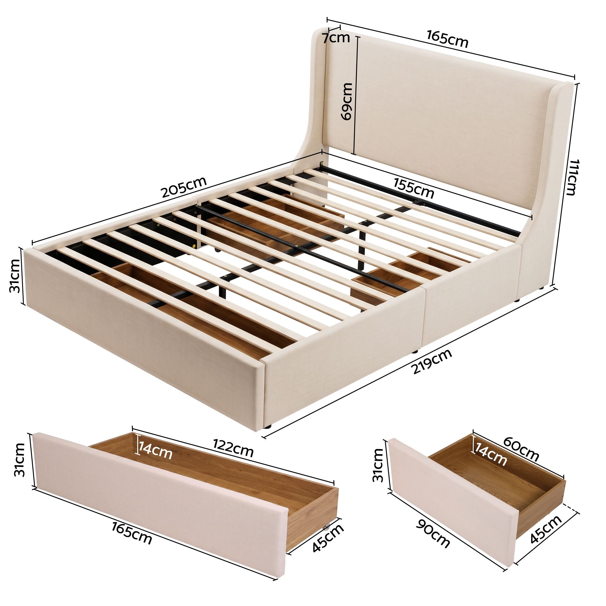 Artiss Queen Upholstered Bed Frame with 3 Storage Drawers Wingback Headboard Heavy Duty Metal Platform Base