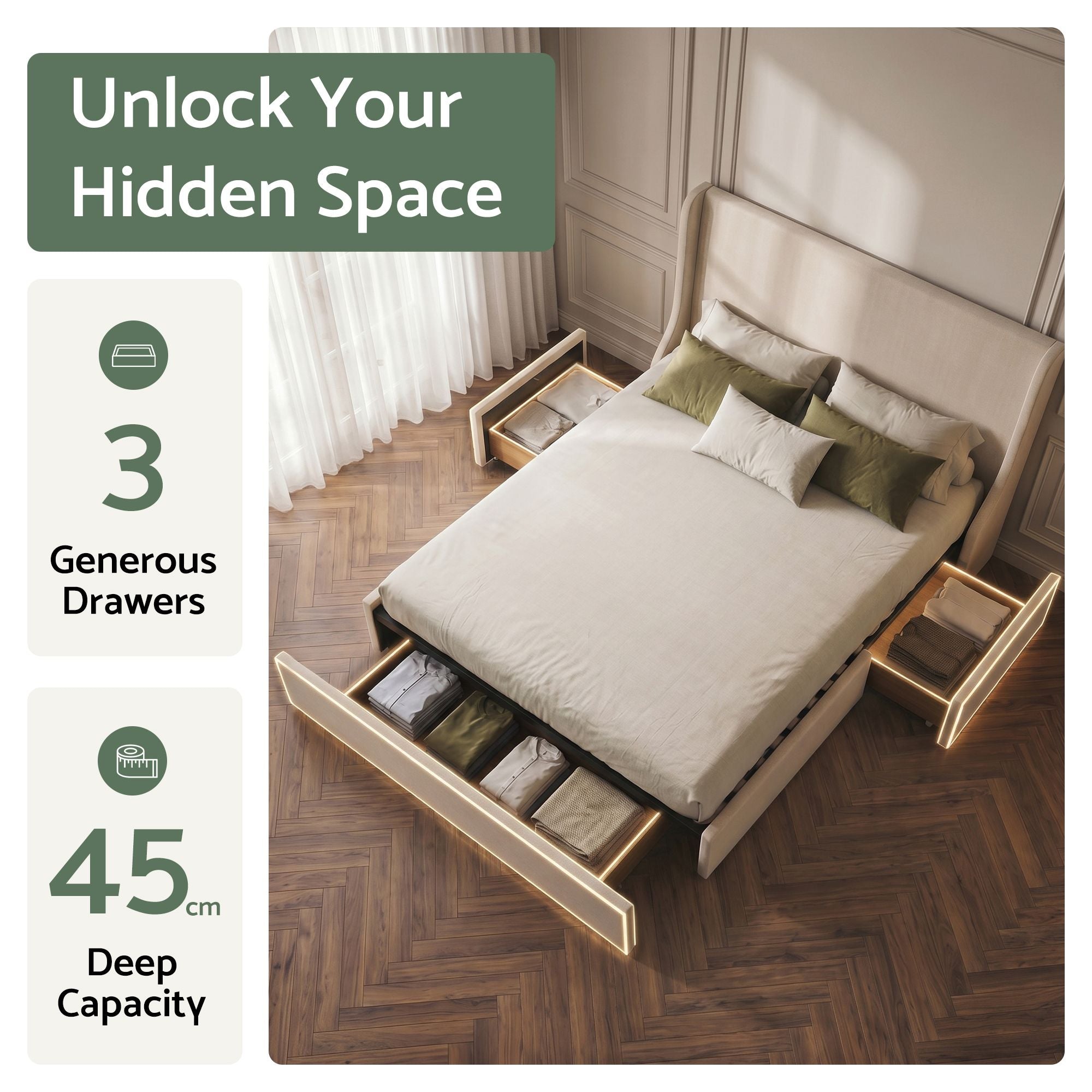 Artiss Queen Upholstered Bed Frame with 3 Storage Drawers Wingback Headboard Heavy Duty Metal Platform Base