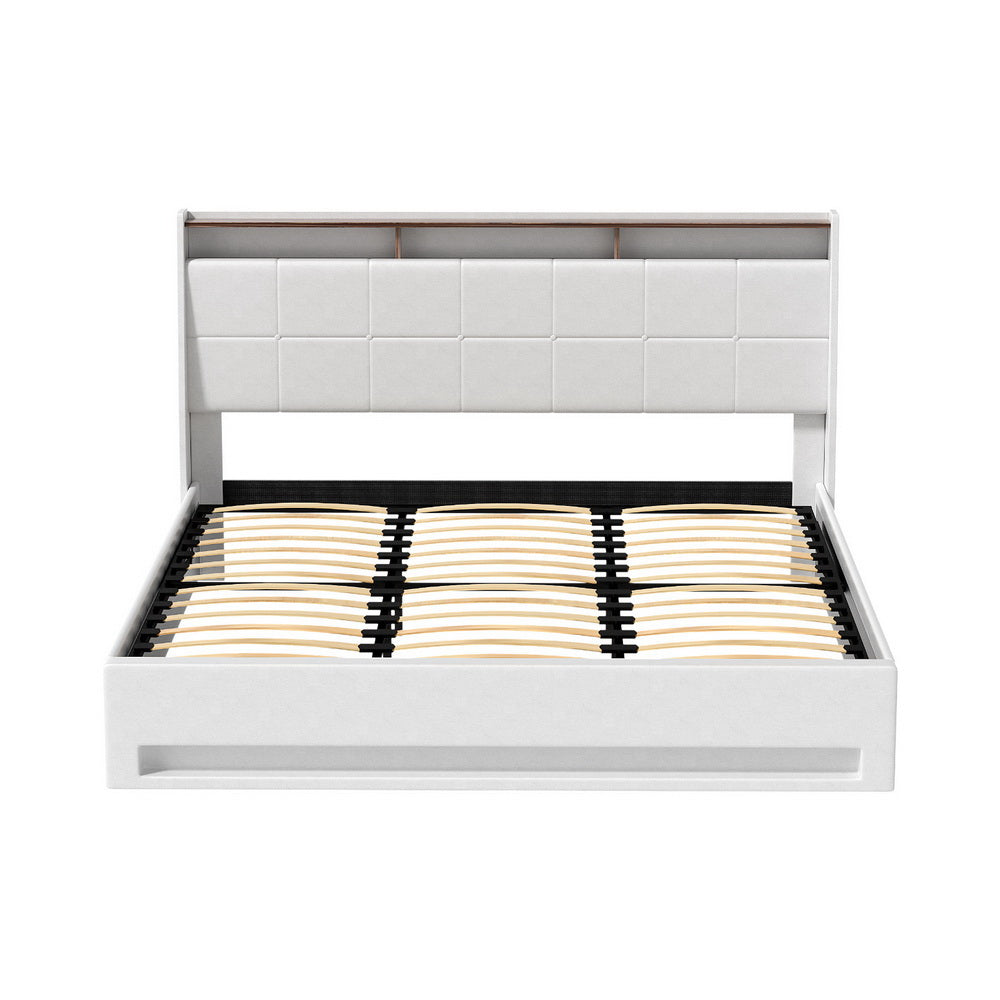 Artiss Bed Frame Gas Lift LED Beds Base Platform White PVC Leather Storage Headboard - King