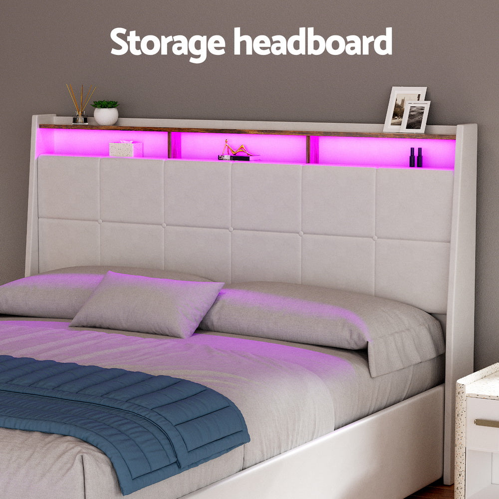 Artiss Bed Frame Gas Lift LED Beds Base Platform White PVC Leather Storage Headboard - Queen