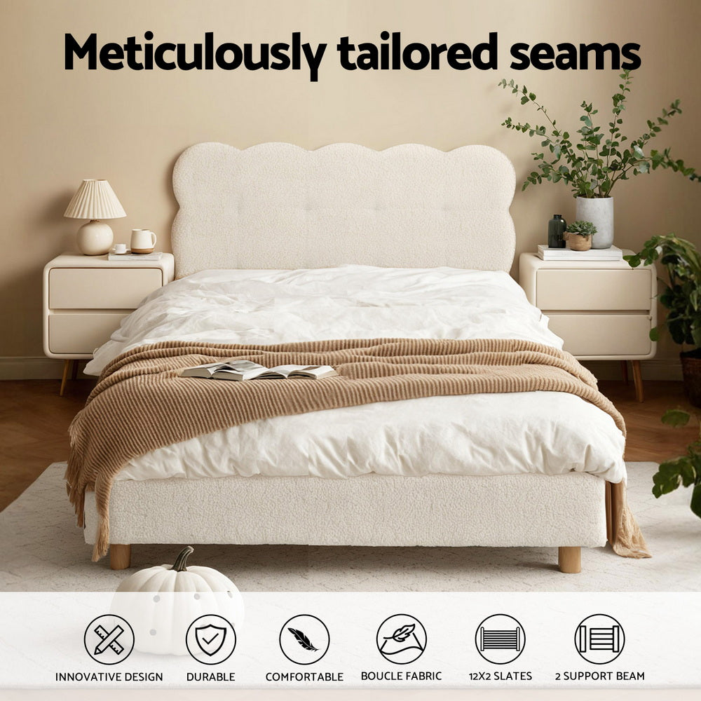 Artiss King Single Bed Frame Cloud Headboard Boucle Fabric Mattress Platform Base White