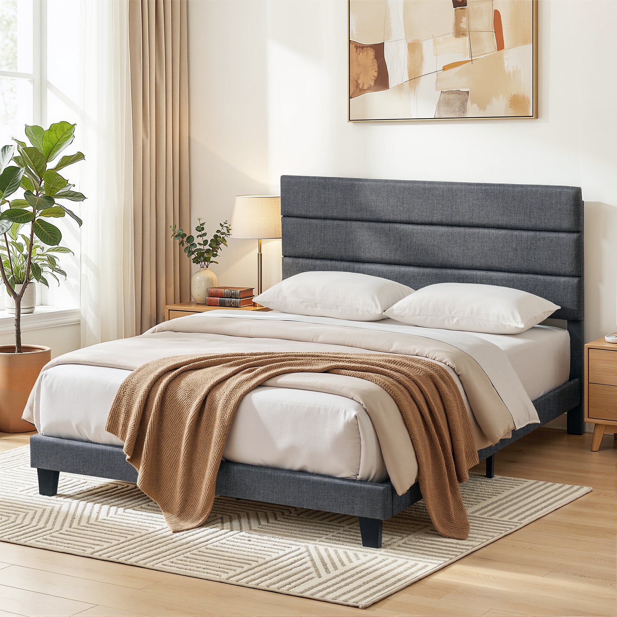 Artiss Queen Bed Frame Upholstered Platform Base with Geometric Headboard Charcoal Grey Linen Wood Slats for Modern Bedroom Furniture Home Decor