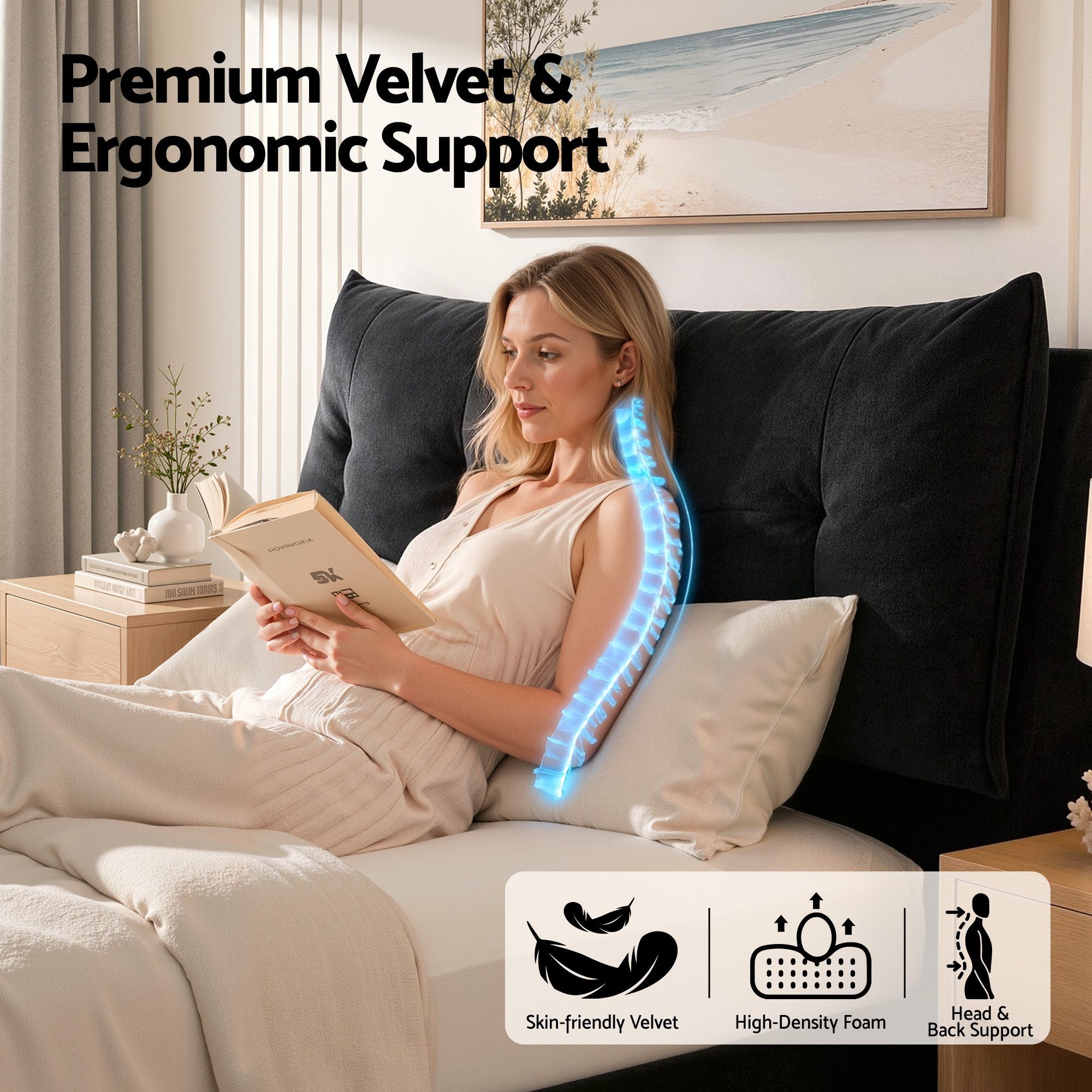 Artiss Queen Bed Frame with Horizontal Gas Lift Storage with LED Light USB Type-C Charging Station Black Velvet