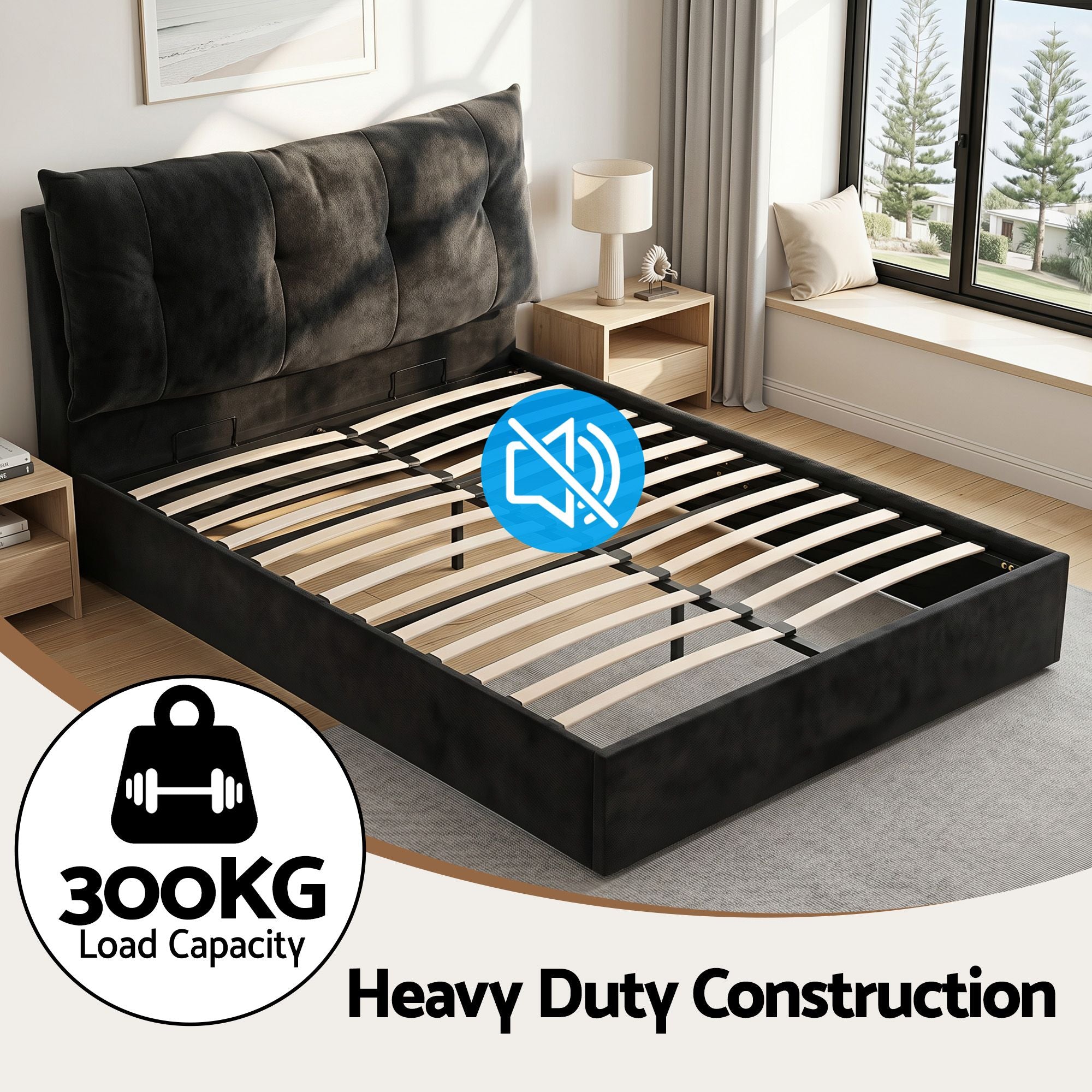 Artiss Queen Bed Frame with Horizontal Gas Lift Storage with LED Light USB Type-C Charging Station Black Velvet