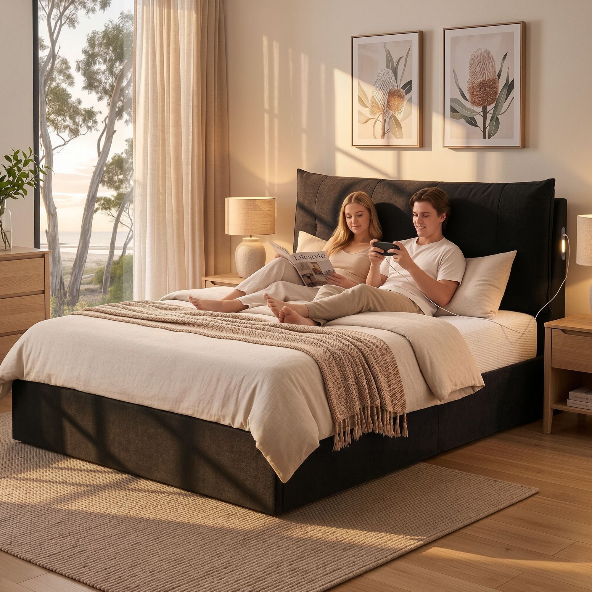Artiss Queen Bed Frame with Horizontal Gas Lift Storage with LED Light USB Type-C Charging Station Black Velvet