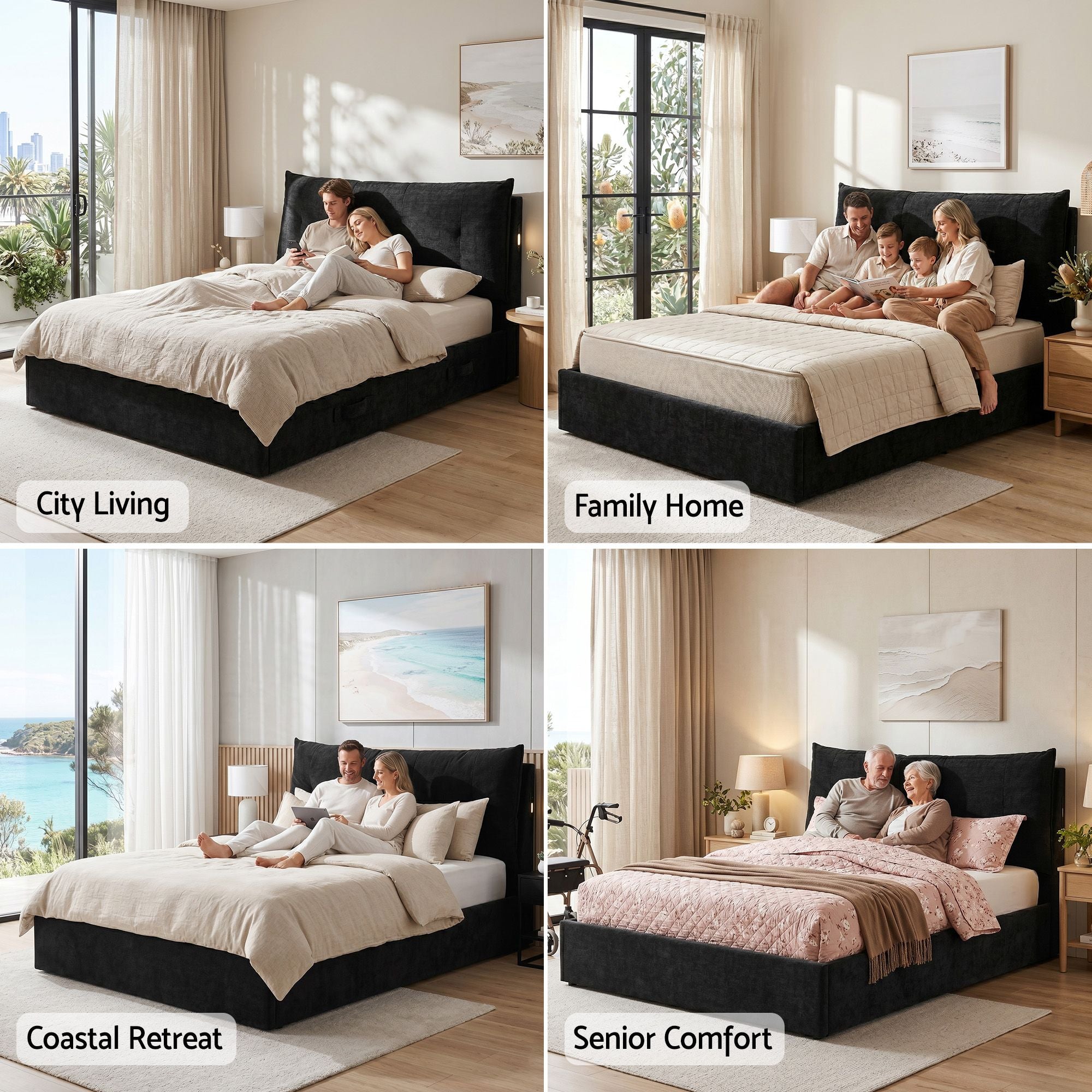 Artiss Queen Bed Frame with Horizontal Gas Lift Storage with LED Light USB Type-C Charging Station Black Velvet